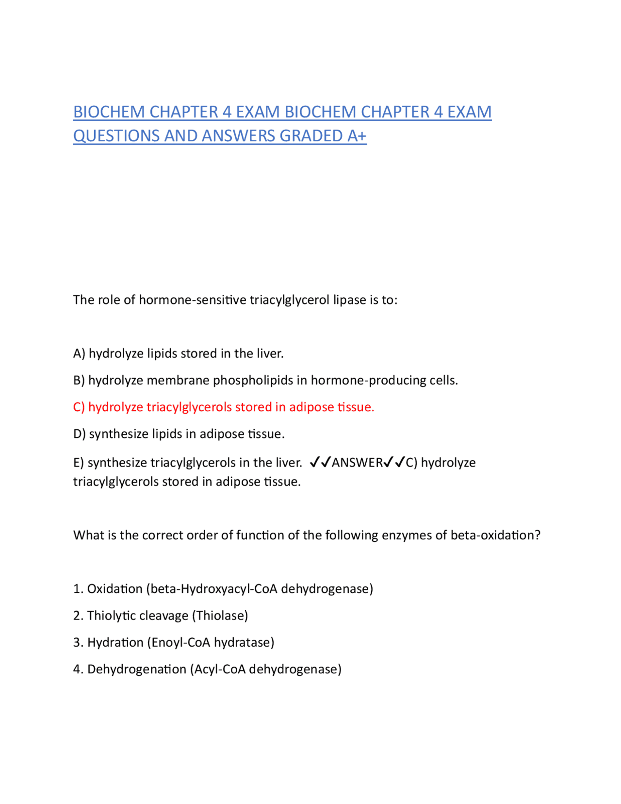 BIOCHEM CHAPTER 4 EXAM BIOCHEM CHAPTER 4 EXAM QUESTIONS AND ANSWERS ...