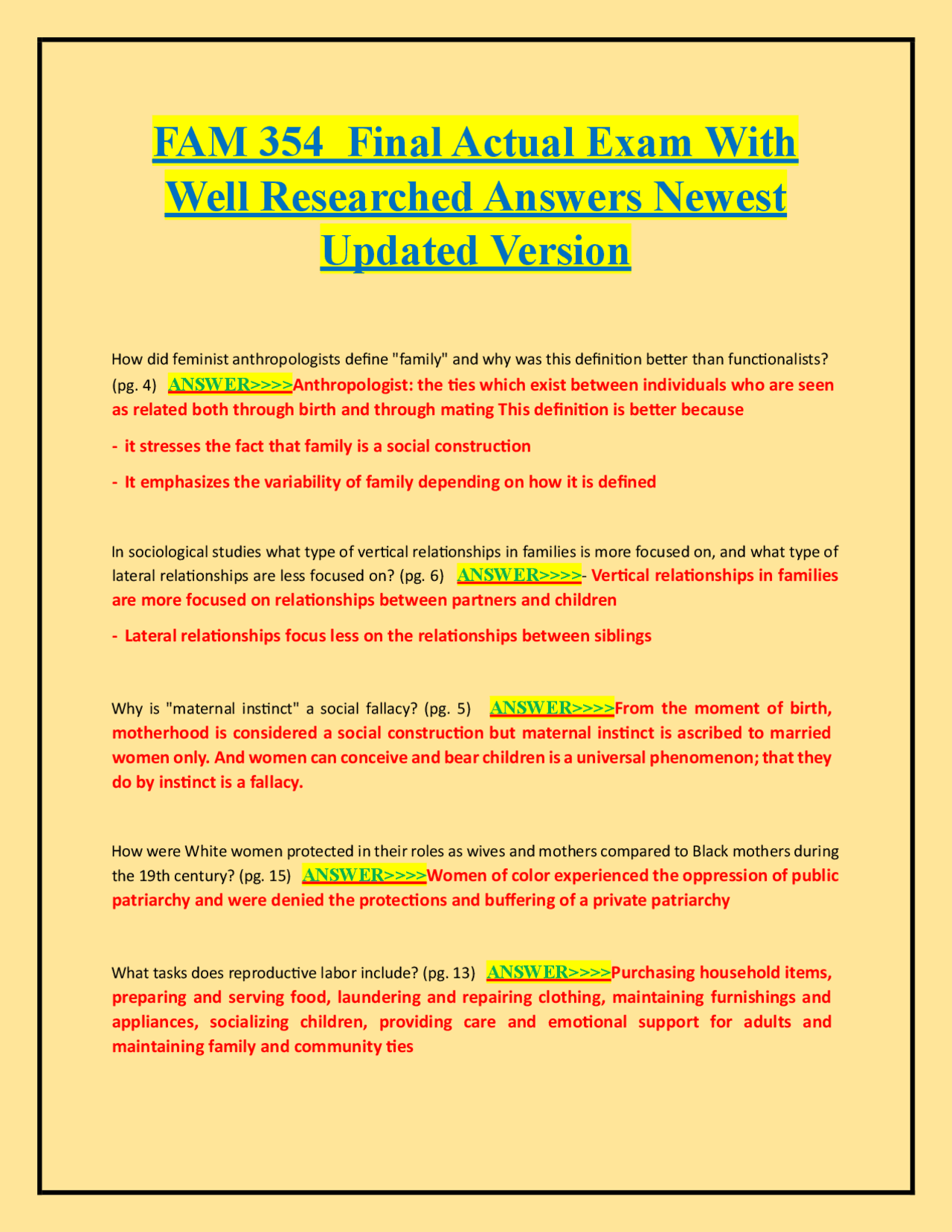 FAM 354 Final Actual Exam With Well Researched Answers Newest Updated ...