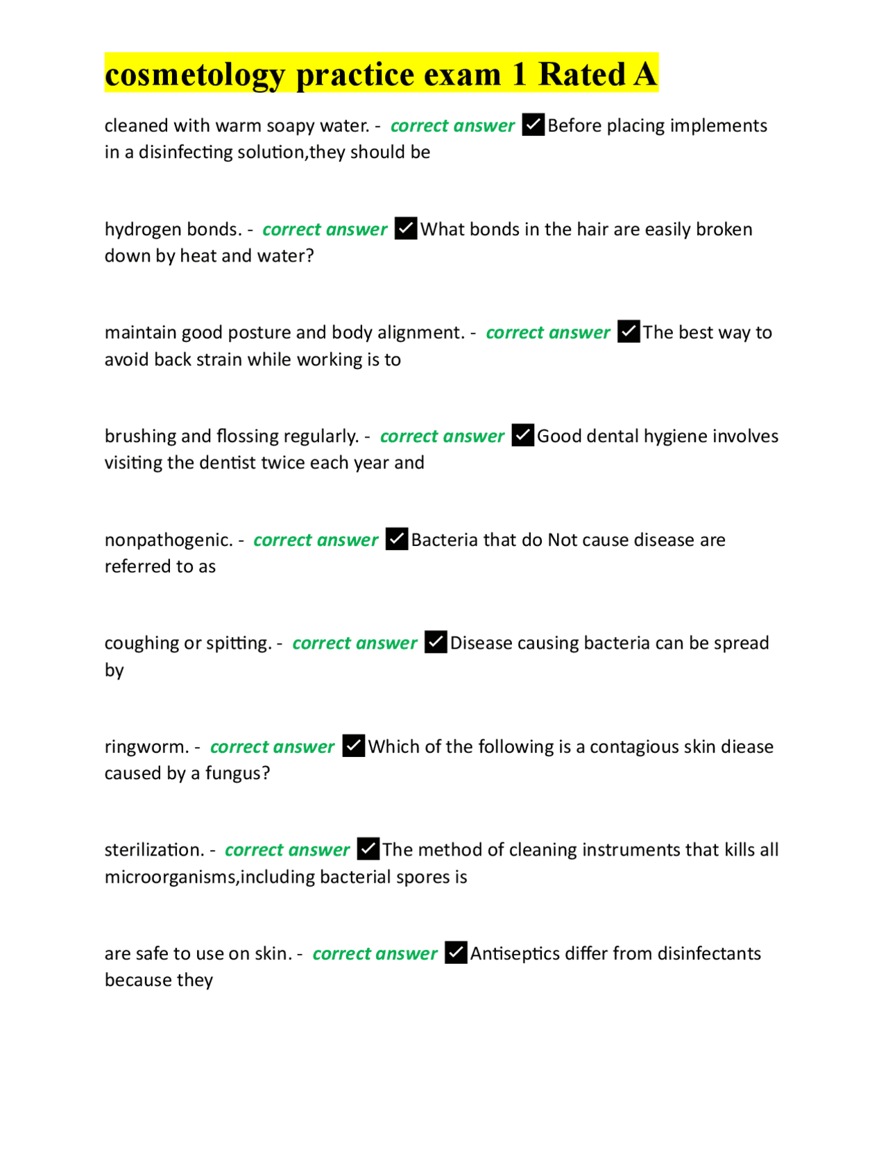 Cosmetology Practice Exam 1 Rated A Exams Cosmetology Docsity