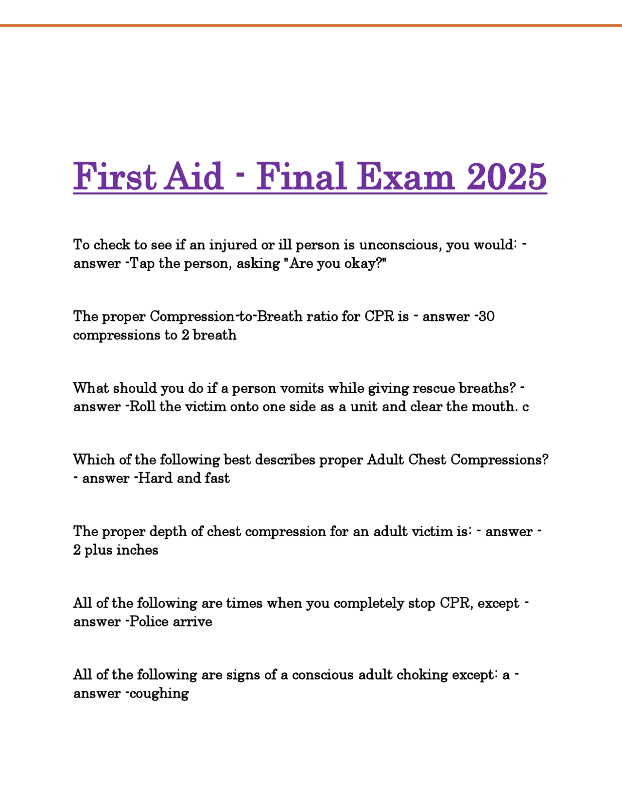 First Aid - Final Exam 2025.pdf | Exams Nursing | Docsity