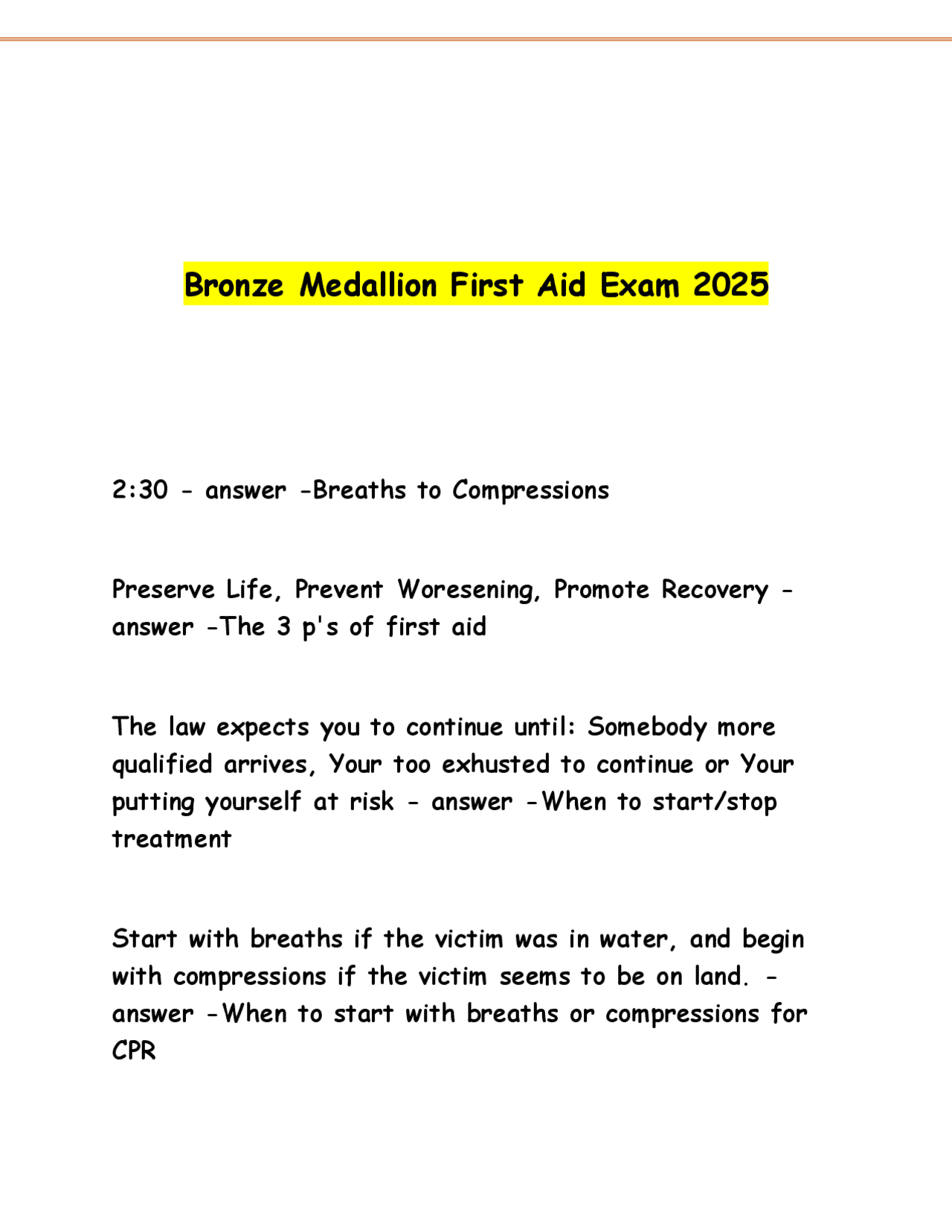 Bronze Medallion First Aid Exam 2025.pdf | Exams Nursing | Docsity