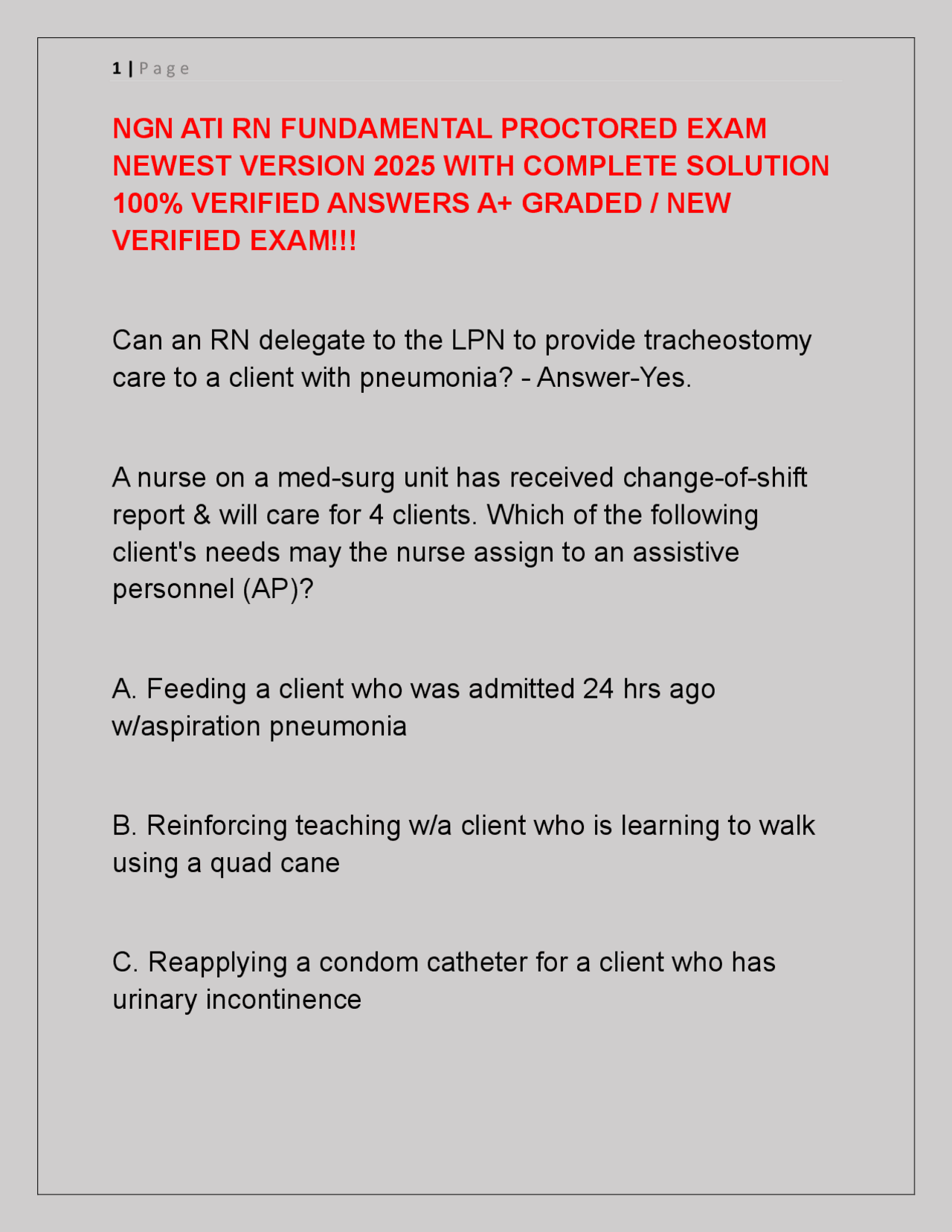 NGN ATI RN FUNDAMENTAL PROCTORED EXAM NEWEST VERSION 2025 WITH COMPLETE ...