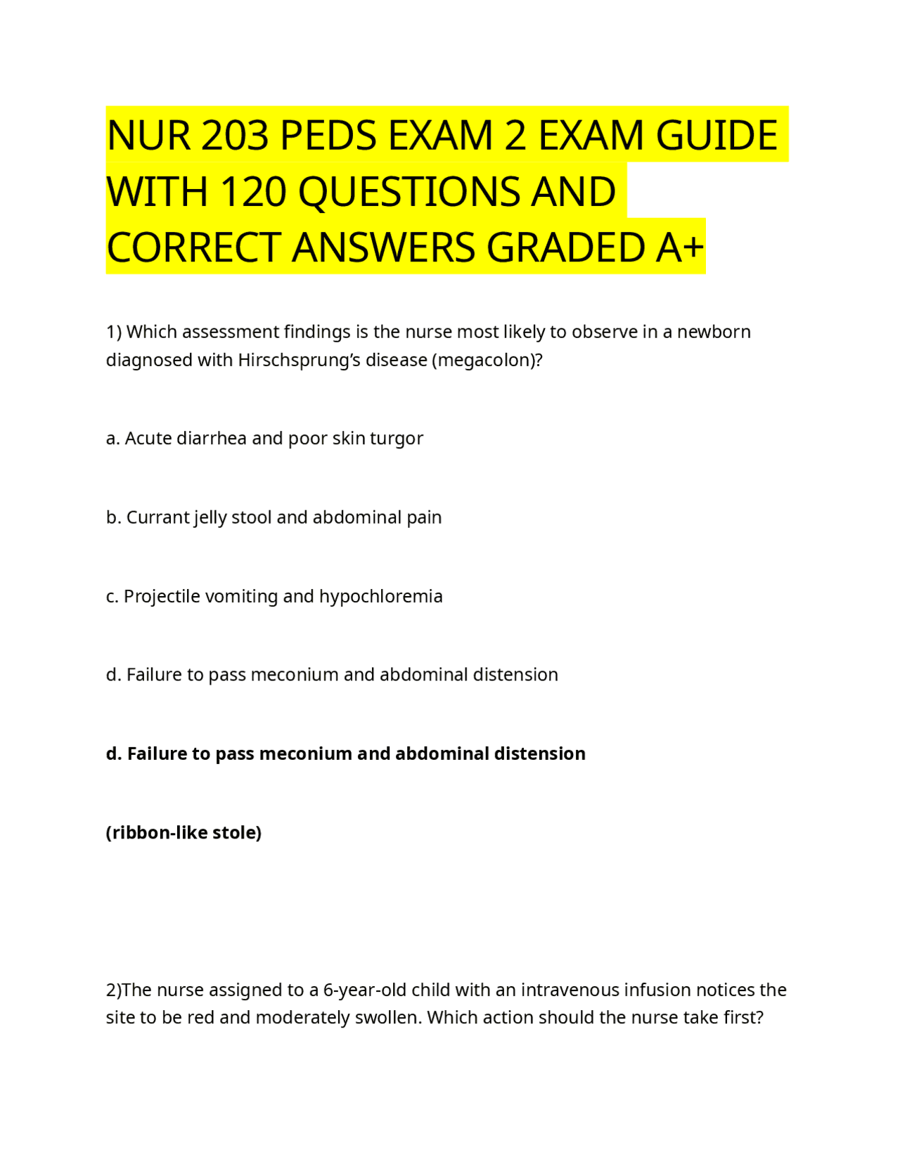 NUR 203 PEDS EXAM 2 EXAM GUIDE: 120 Questions and Answers for Pediatric ...