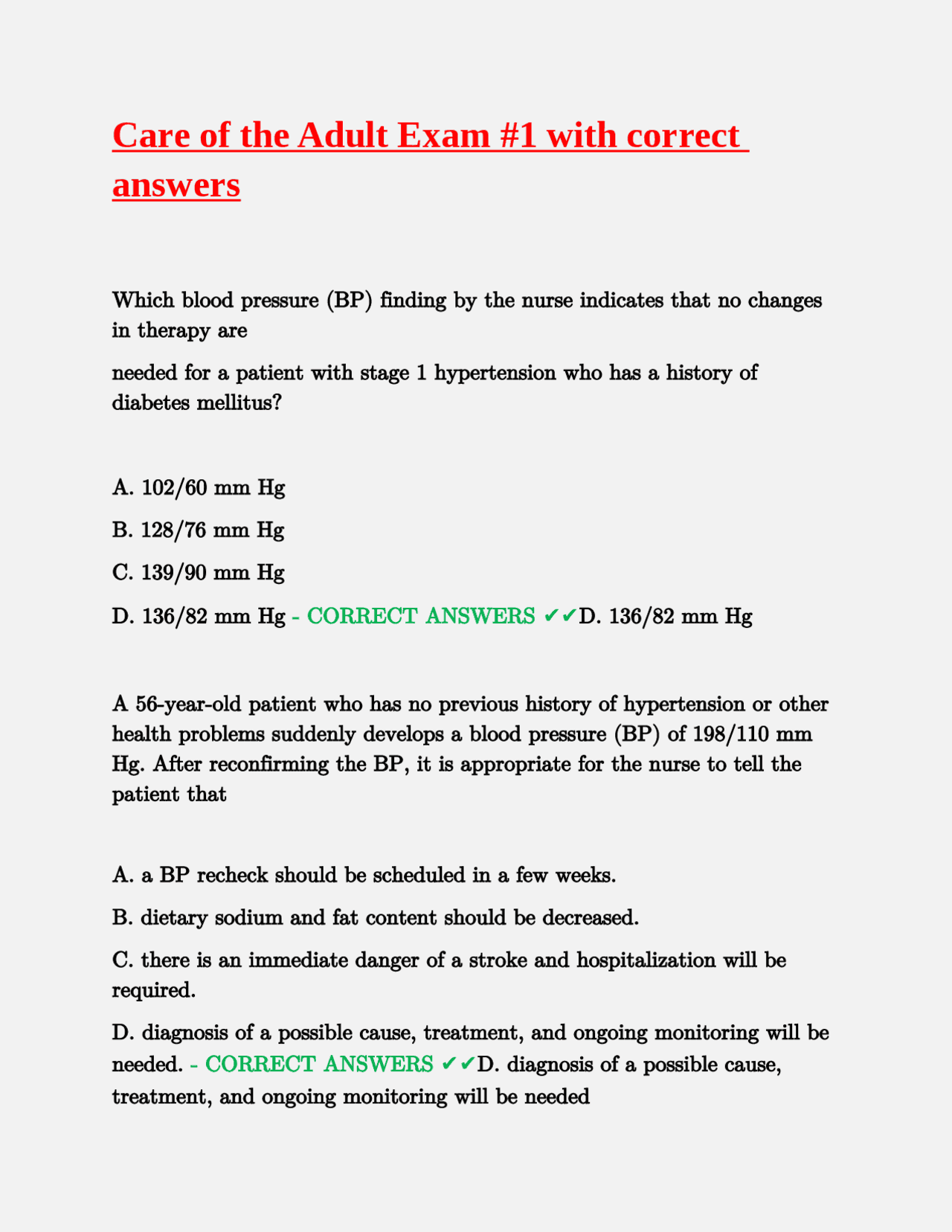 Care of the Adult Exam #1 with correct answers | Exams Nursing | Docsity
