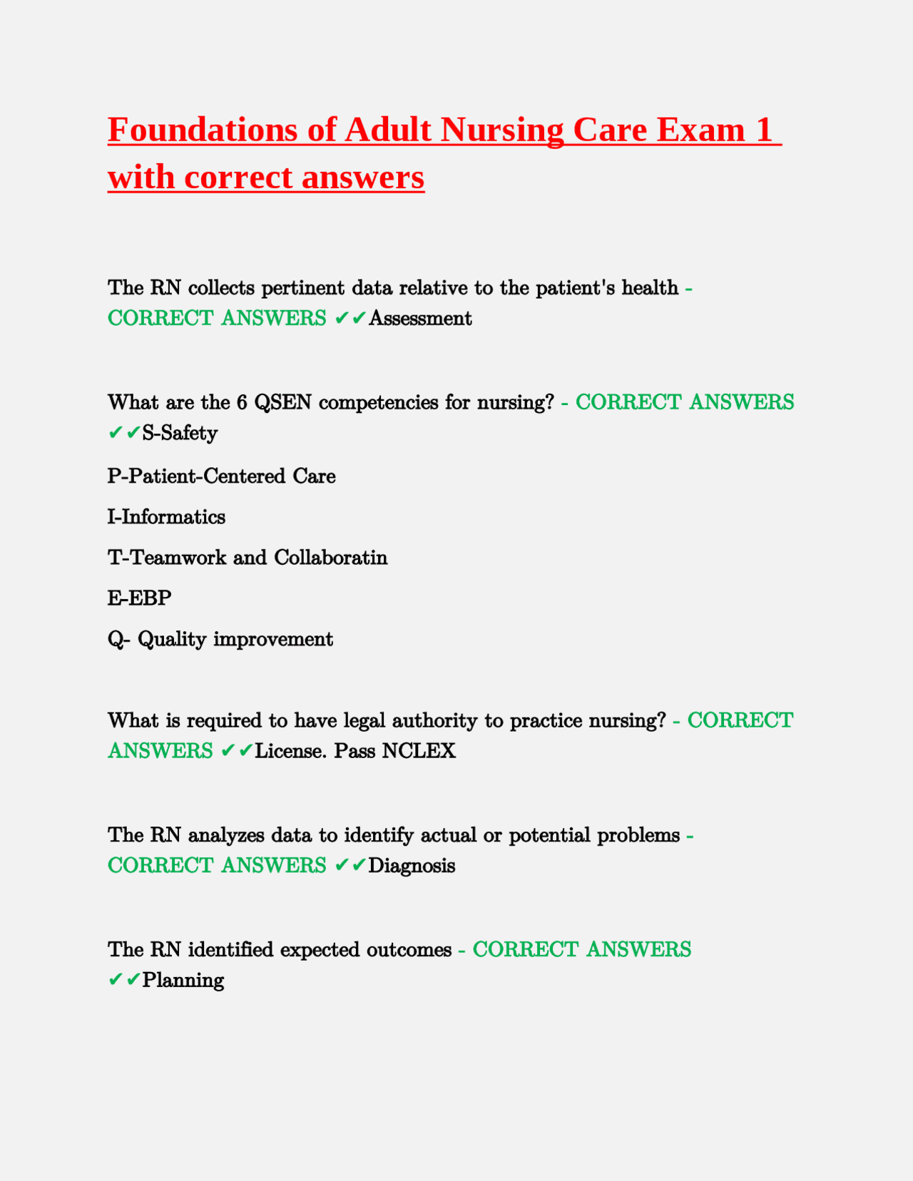 Foundations of Adult Nursing Care Exam 1 with correct answers | Exams ...
