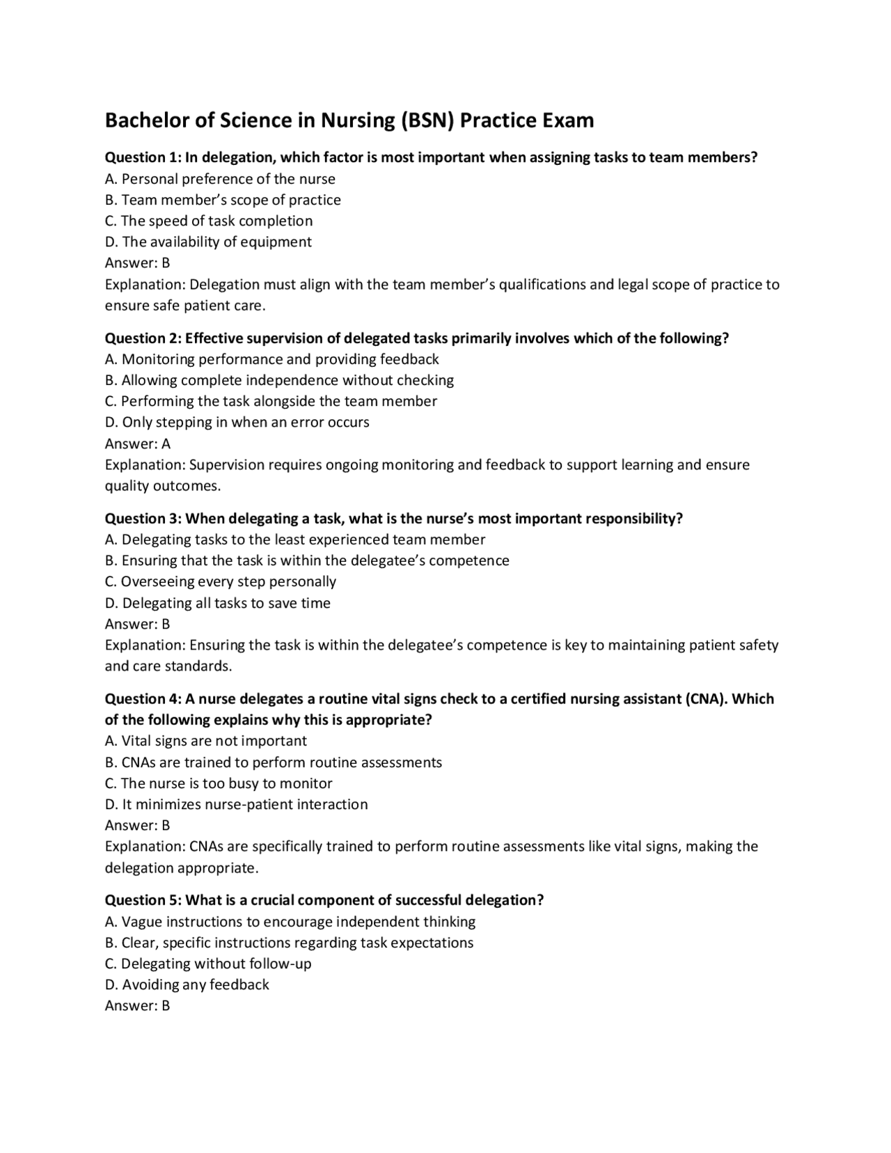 Bachelor of Science in Nursing (BSN) Exam | Exams Technology | Docsity