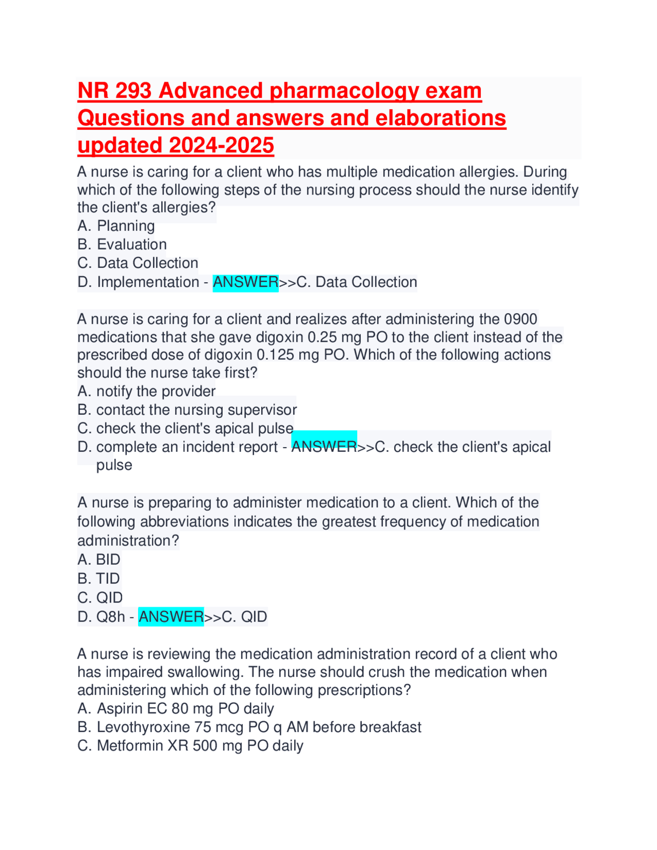 NR 293 Advanced pharmacology exam Questions and answers and ...