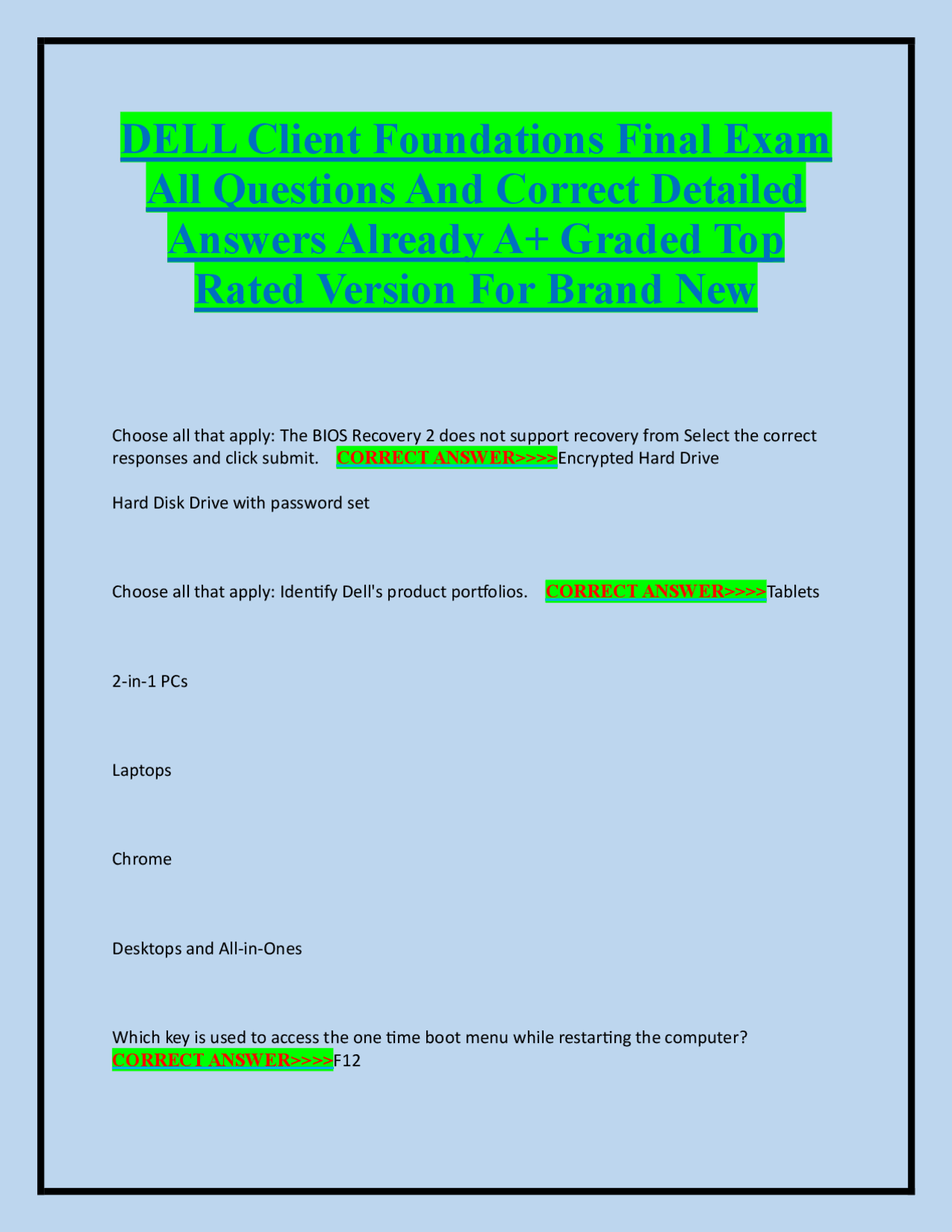 Dell Client Foundations Final Exam: Questions and Answers | Exams Nursing | Docsity