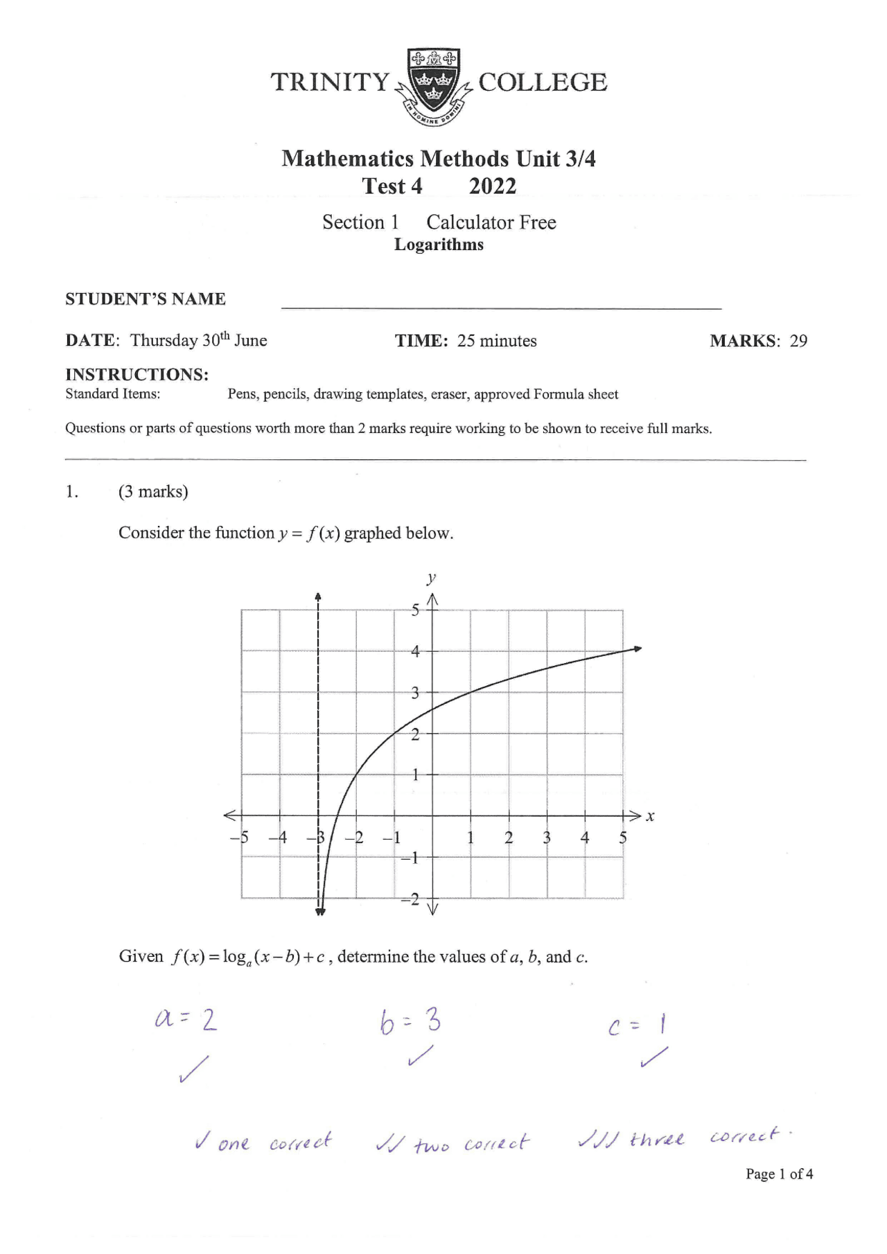 Mathematics Methods Unit 34 Test 4 2022 Section 1 Calculator Free ...