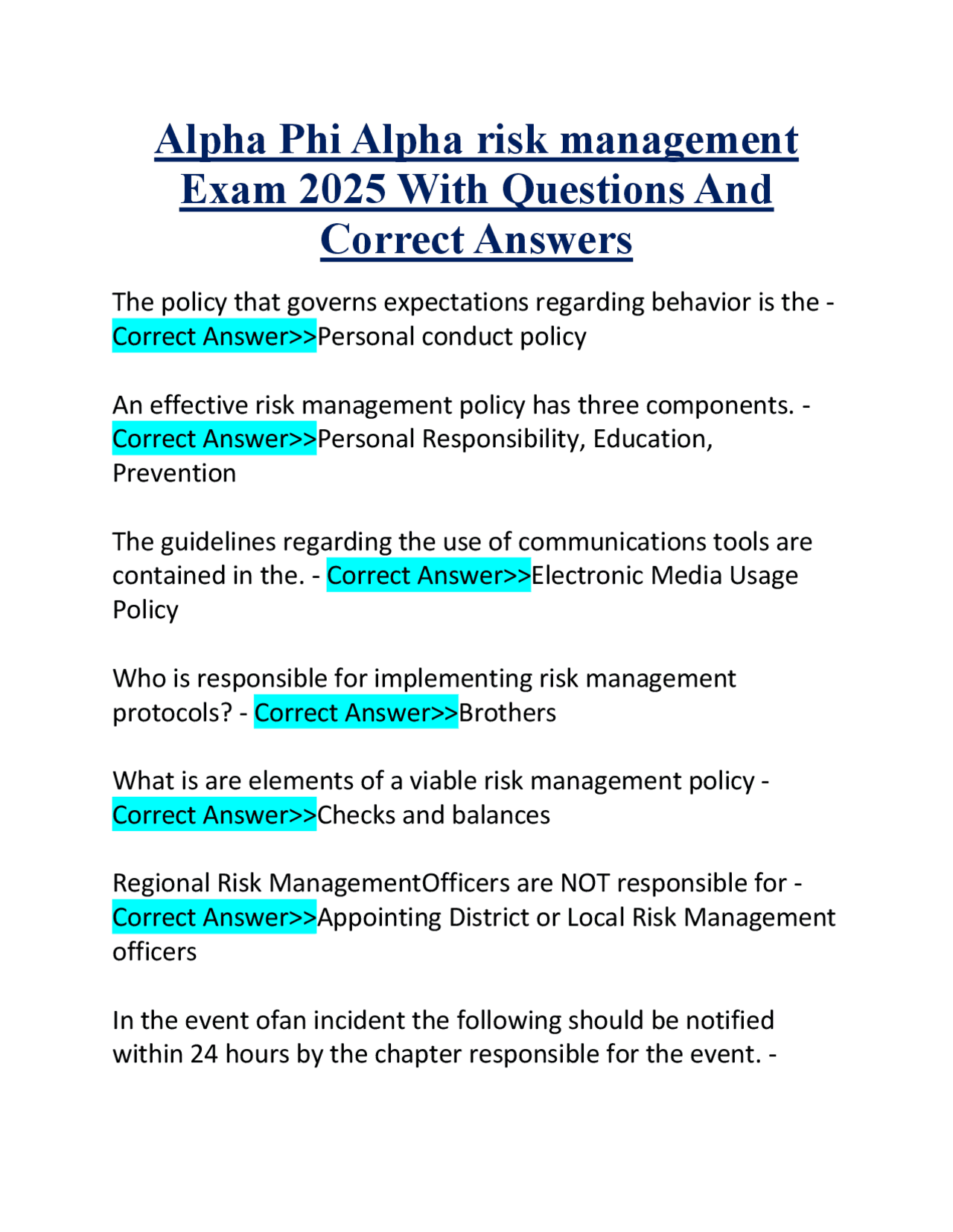 Alpha Phi Alpha Risk Management Exam 2025: Questions and Answers ...