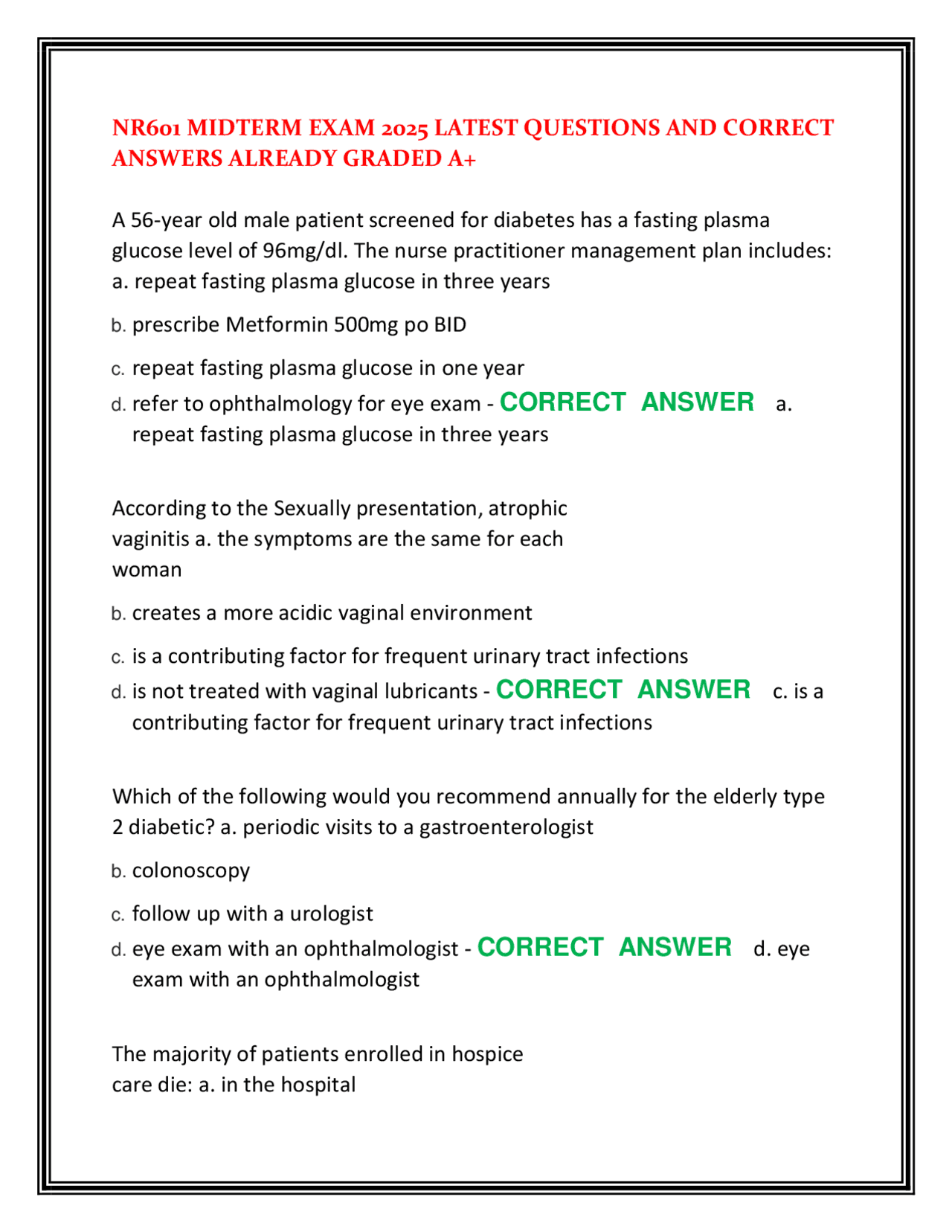NR601 MIDTERM EXAM 2025 LATEST QUESTIONS AND CORRECT ANSWERS ALREADY ...