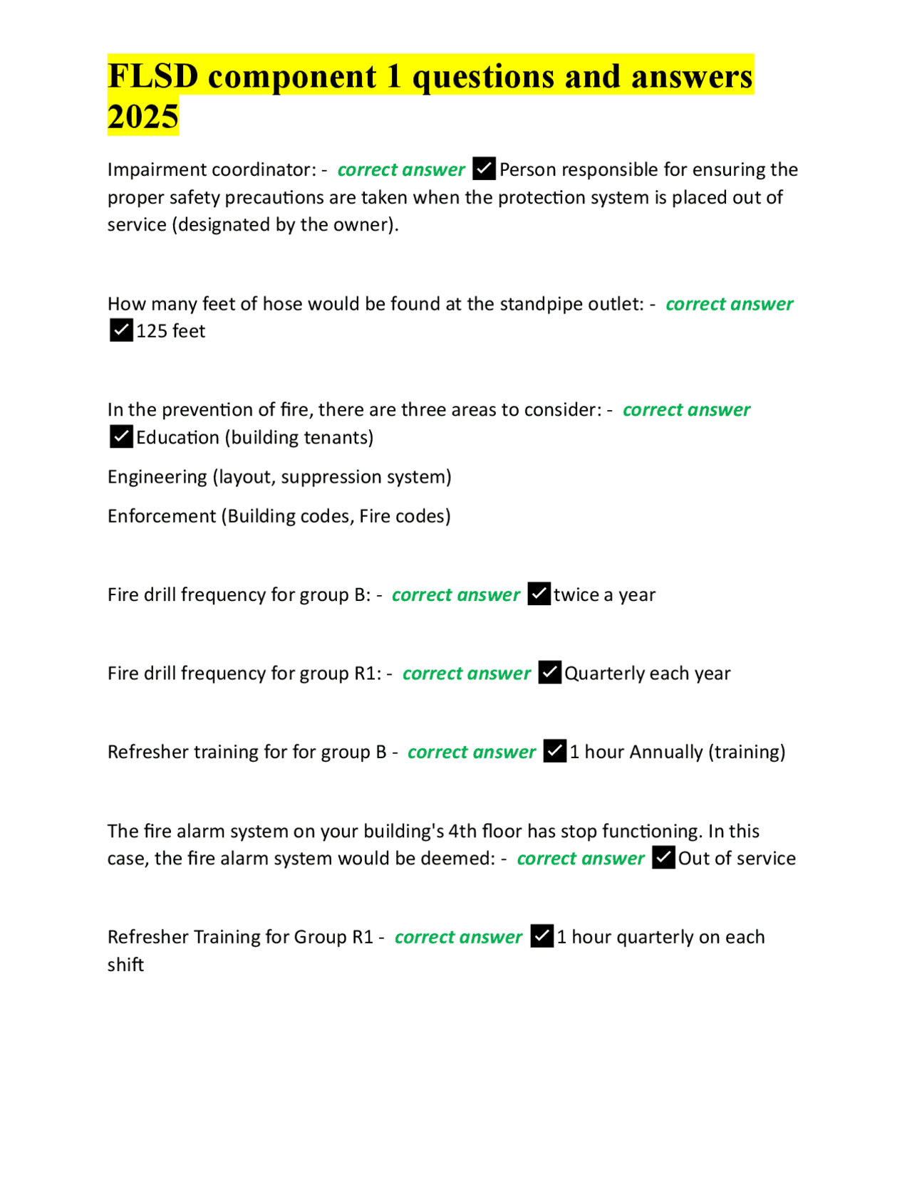 FLSD Component 1 Questions and Answers: Fire Safety Regulations and ...