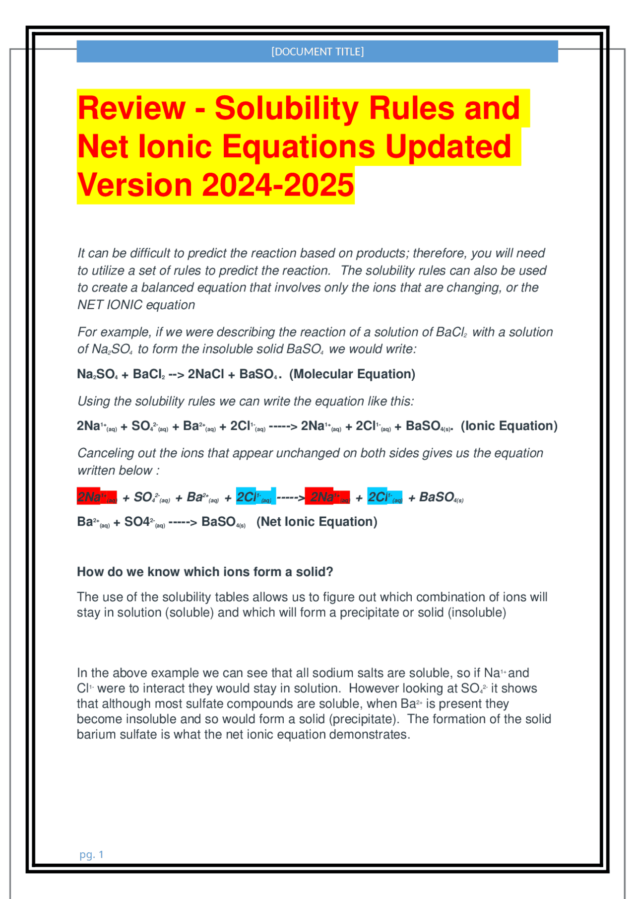 Review - Solubility Rules and Net Ionic Equations Updated Version 2025 ...