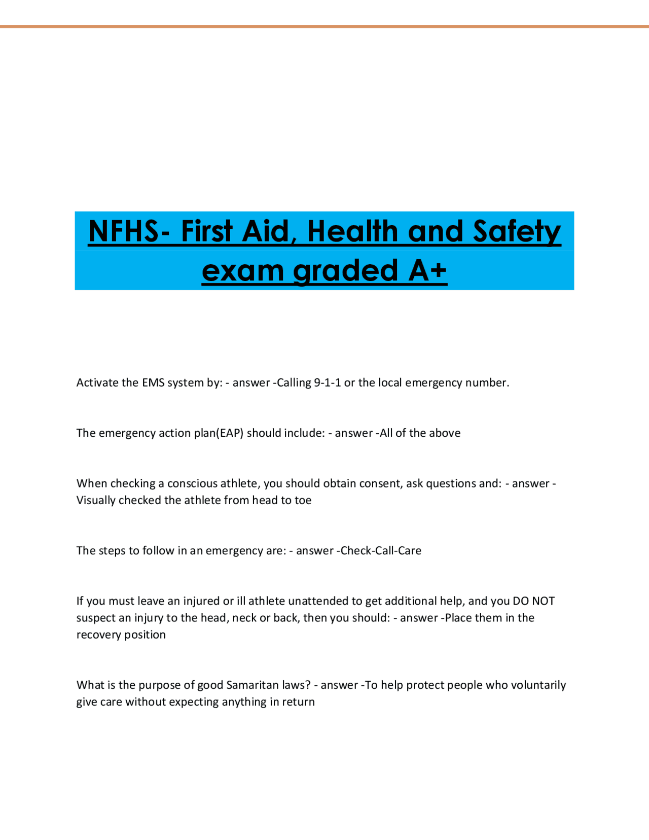 Nfhs Questionnaire.pdf NFHS- First Aid, Health and Safety exam graded A+.pdf | Exams Nursing ...