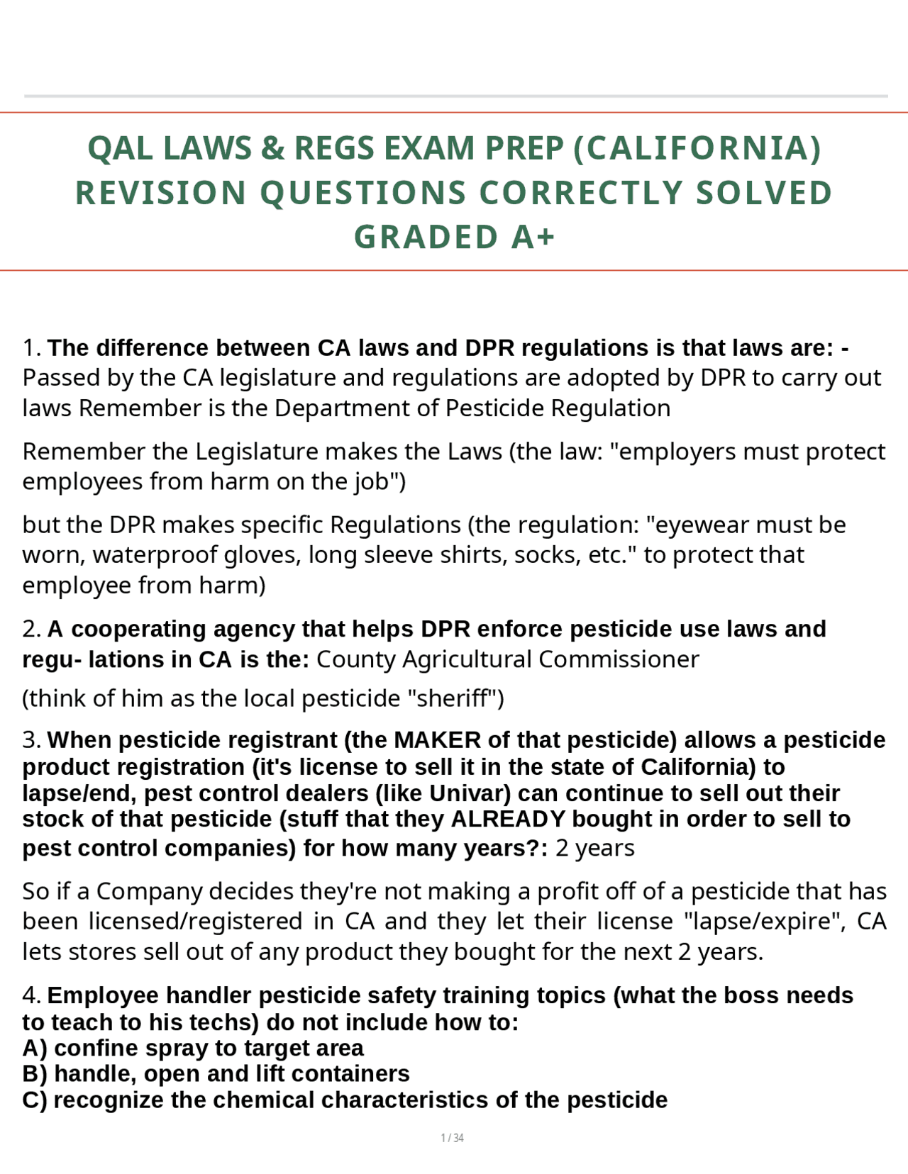 QAL LAWS & REGS EXAM PREP (CALIFORNIA) REVISION QUESTIONS CORRECTLY ...