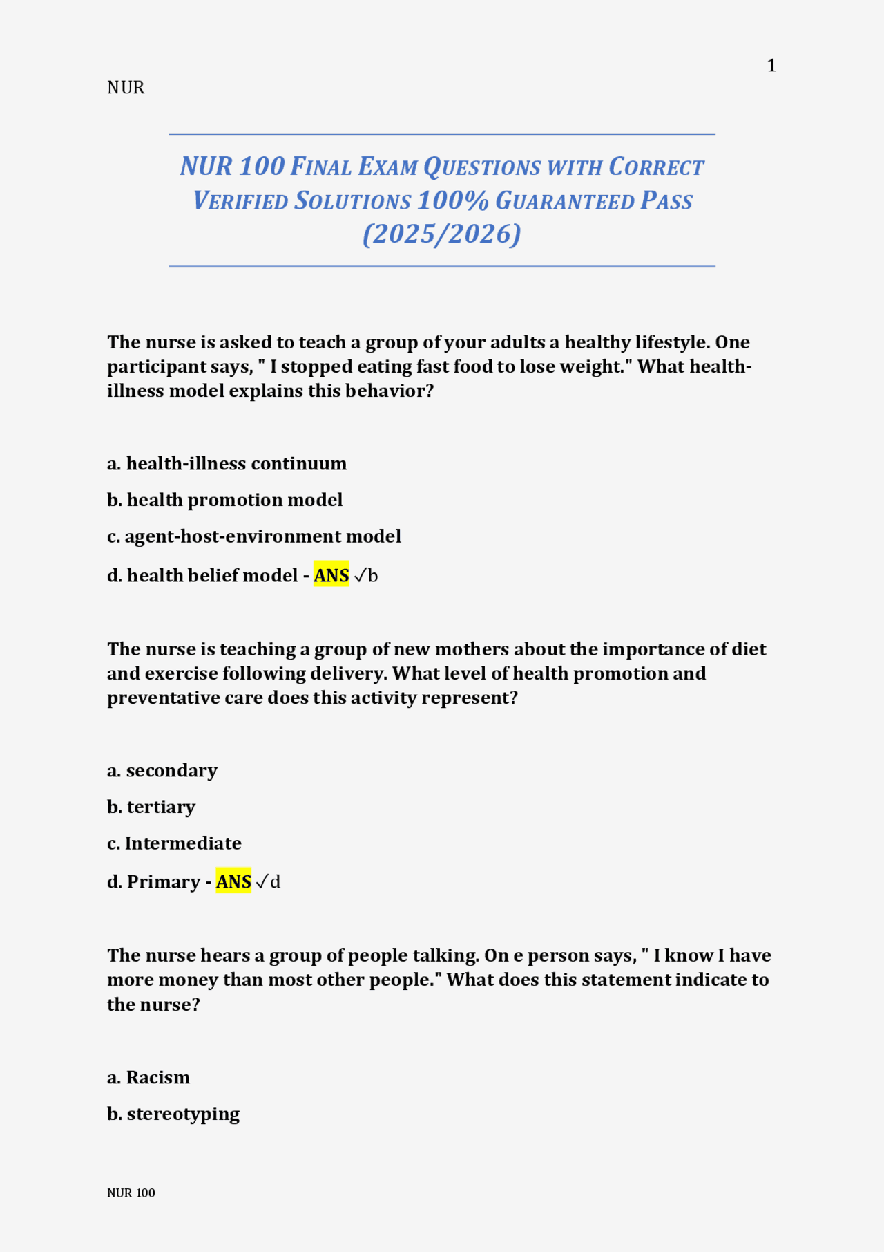 NUR 100 FINAL EXAM QUESTIONS WITH CORRECT VERIFIED SOLUTIONS 100% ...
