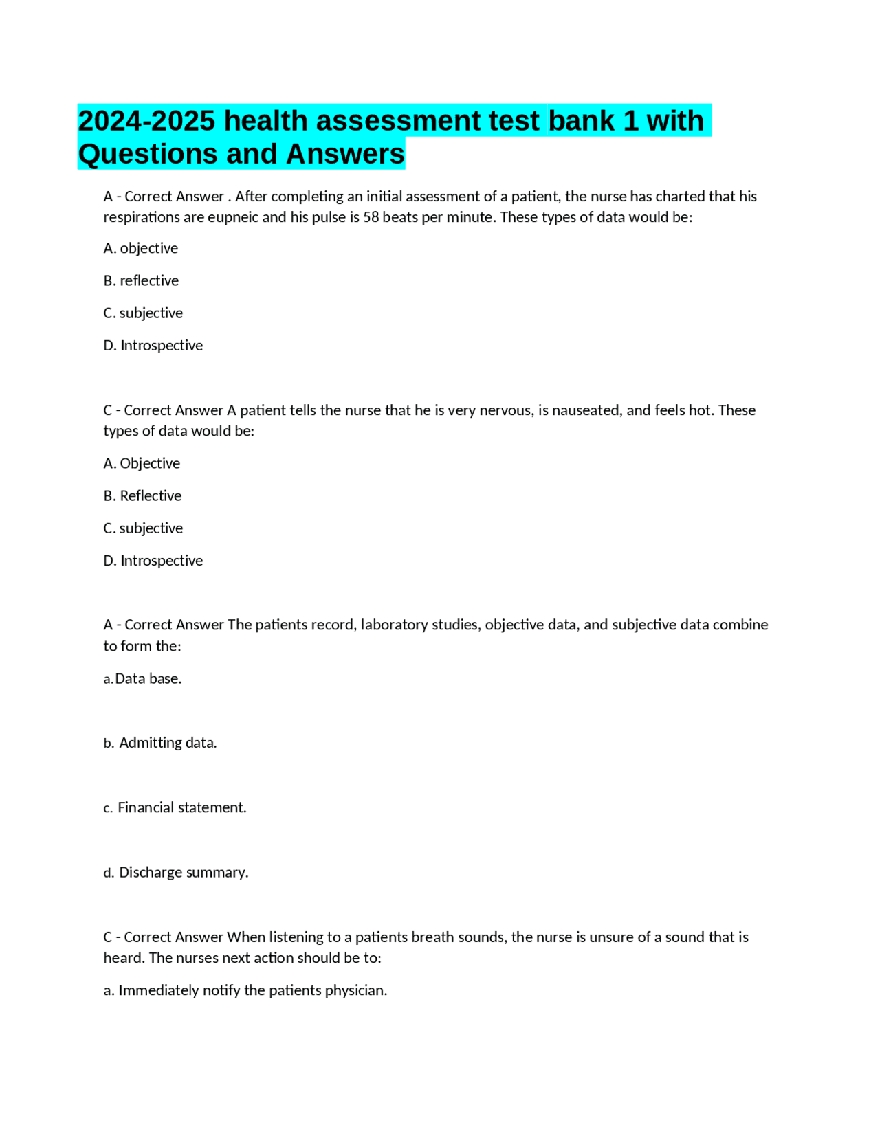 2024-2025 health assessment test bank 1 with Questions and Answers ...