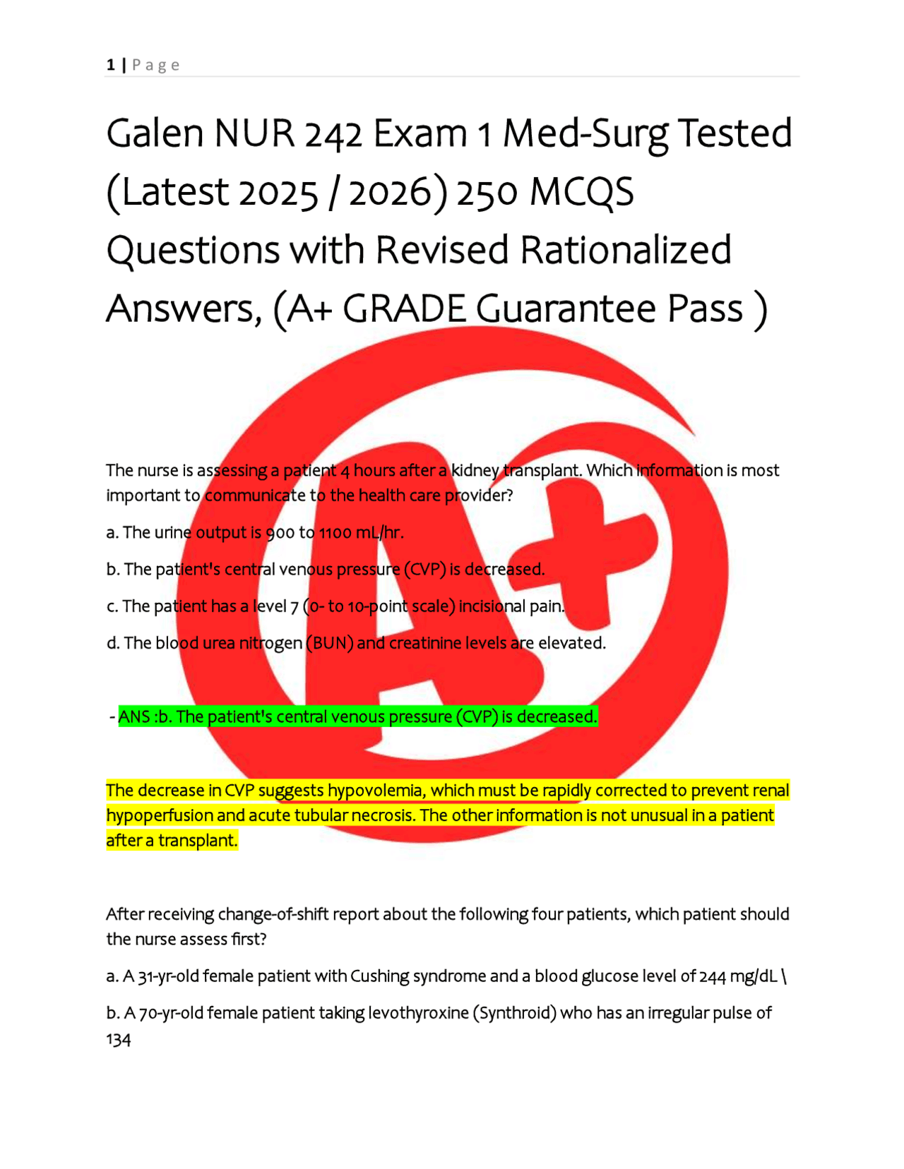 Galen NUR 242 Exam 1 Med-Surg Tested (Latest 2025 / 2026) 250 MCQS ...