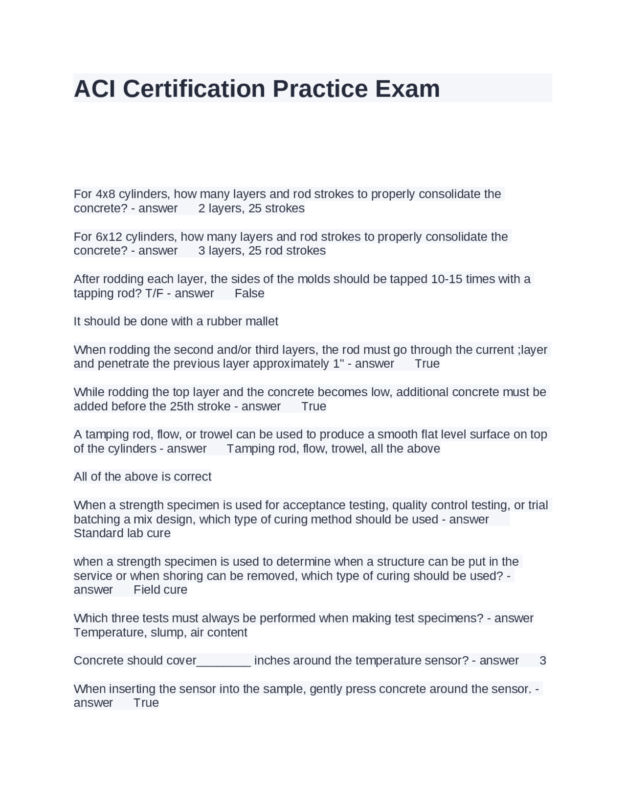 ACI Certification Practice Exam Questions with Correct Answers | Exams ...