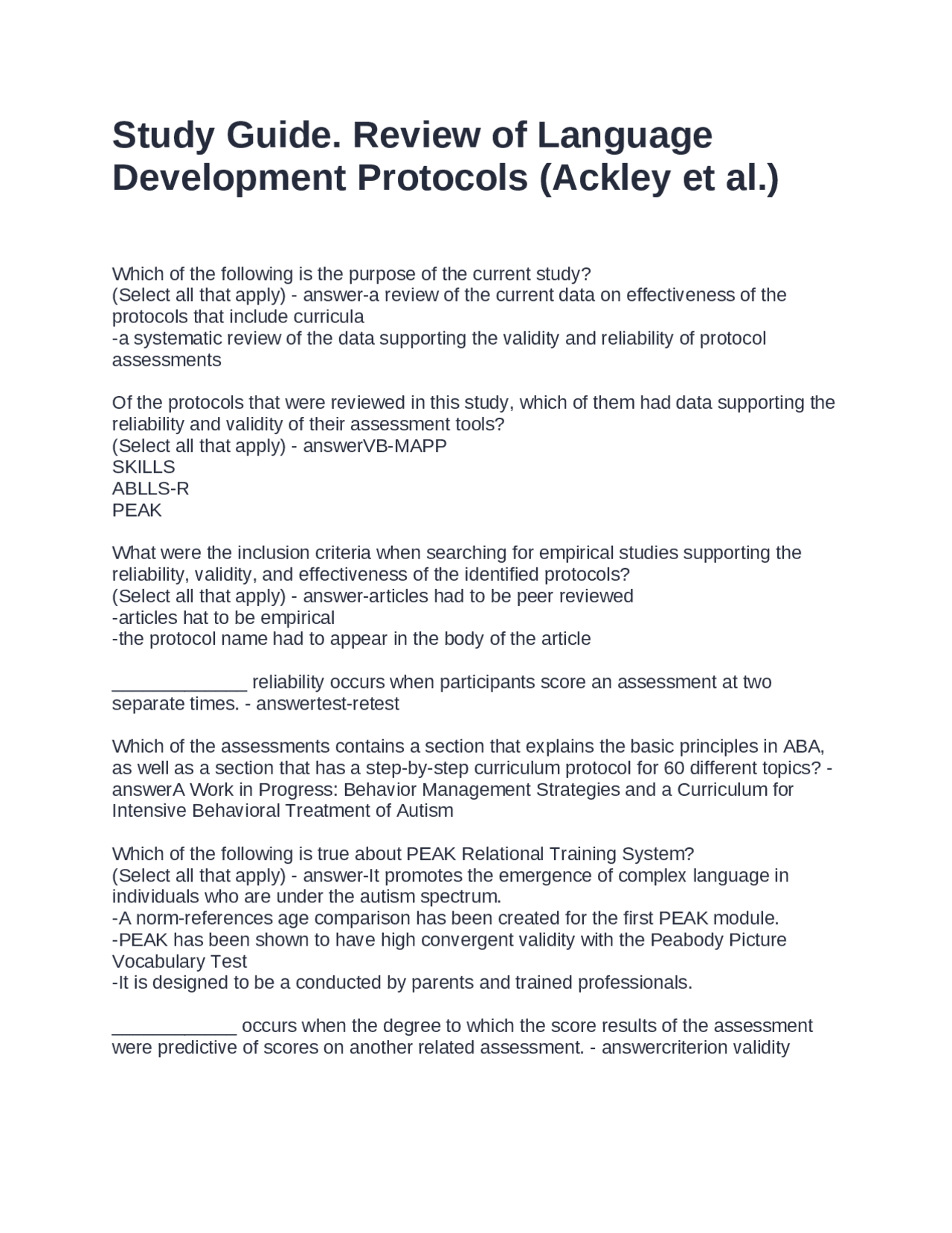 Study Guide. Review of Language Development Protocols (Ackley et al ...