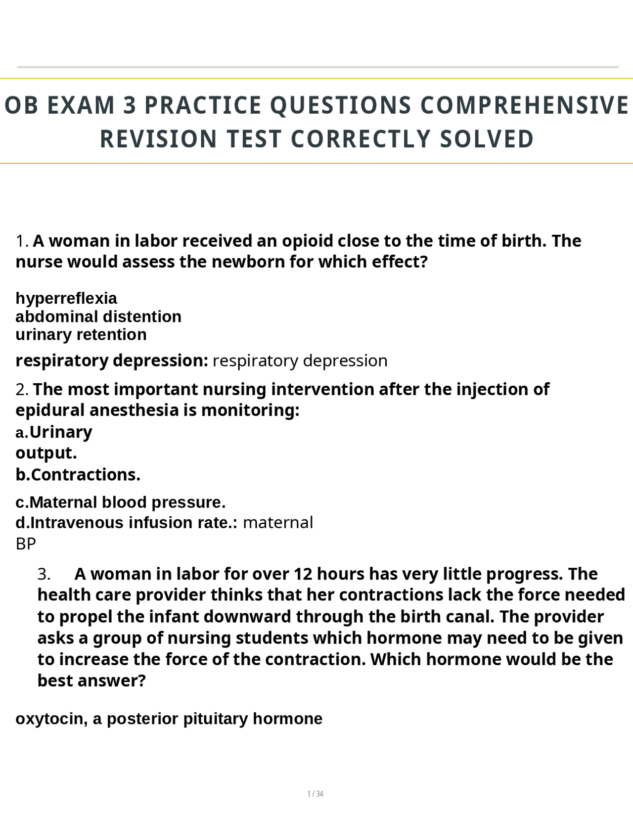 OB EXAM 3 PRACTICE QUESTIONS COMPREHENSIVE REVISION TEST CORRECTLY ...