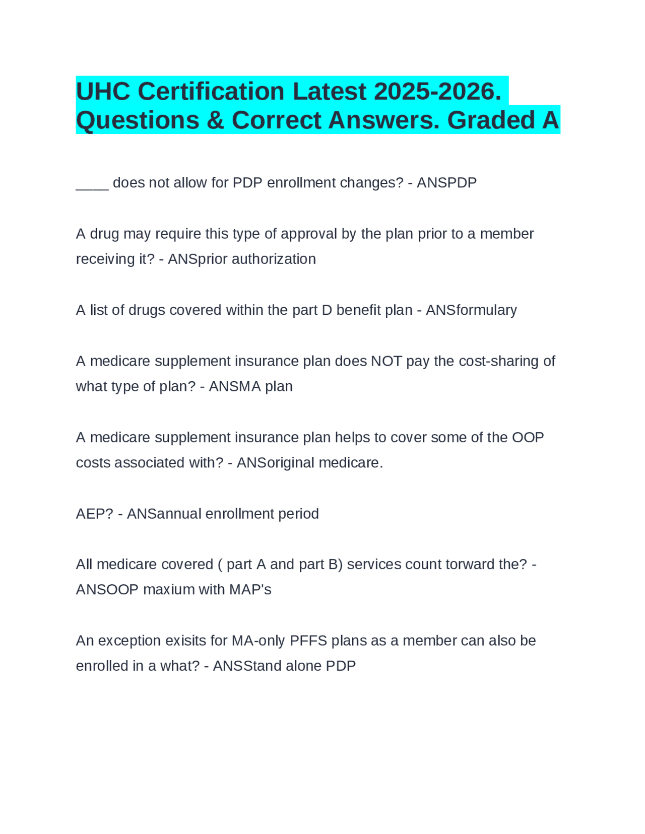 健康・医学 year note 2026 UHC Certification Latest 2025-2026. Questions & Correct