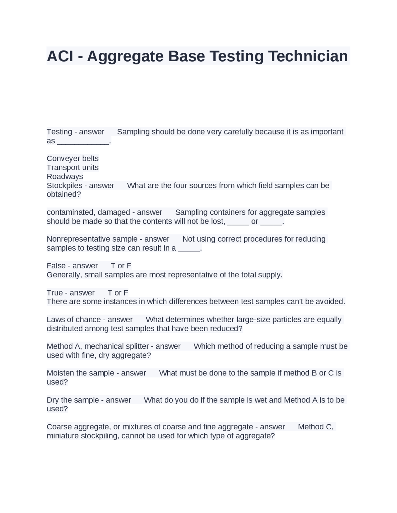 ACI - Aggregate Base Testing Technician Questions and Answers 100% ...
