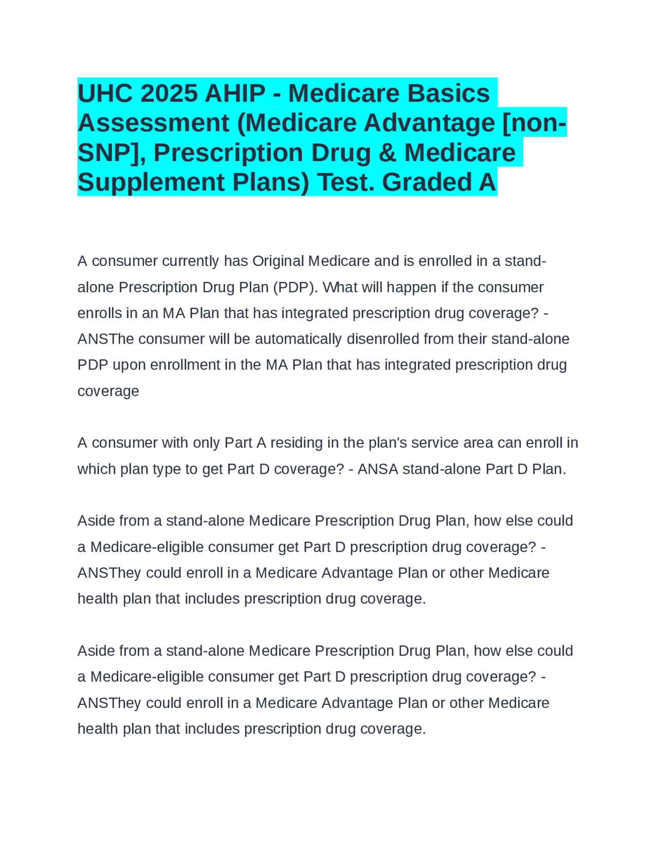 UHC 2025 AHIP - Medicare Basics Assessment (Medicare Advantage [non-SNP ...