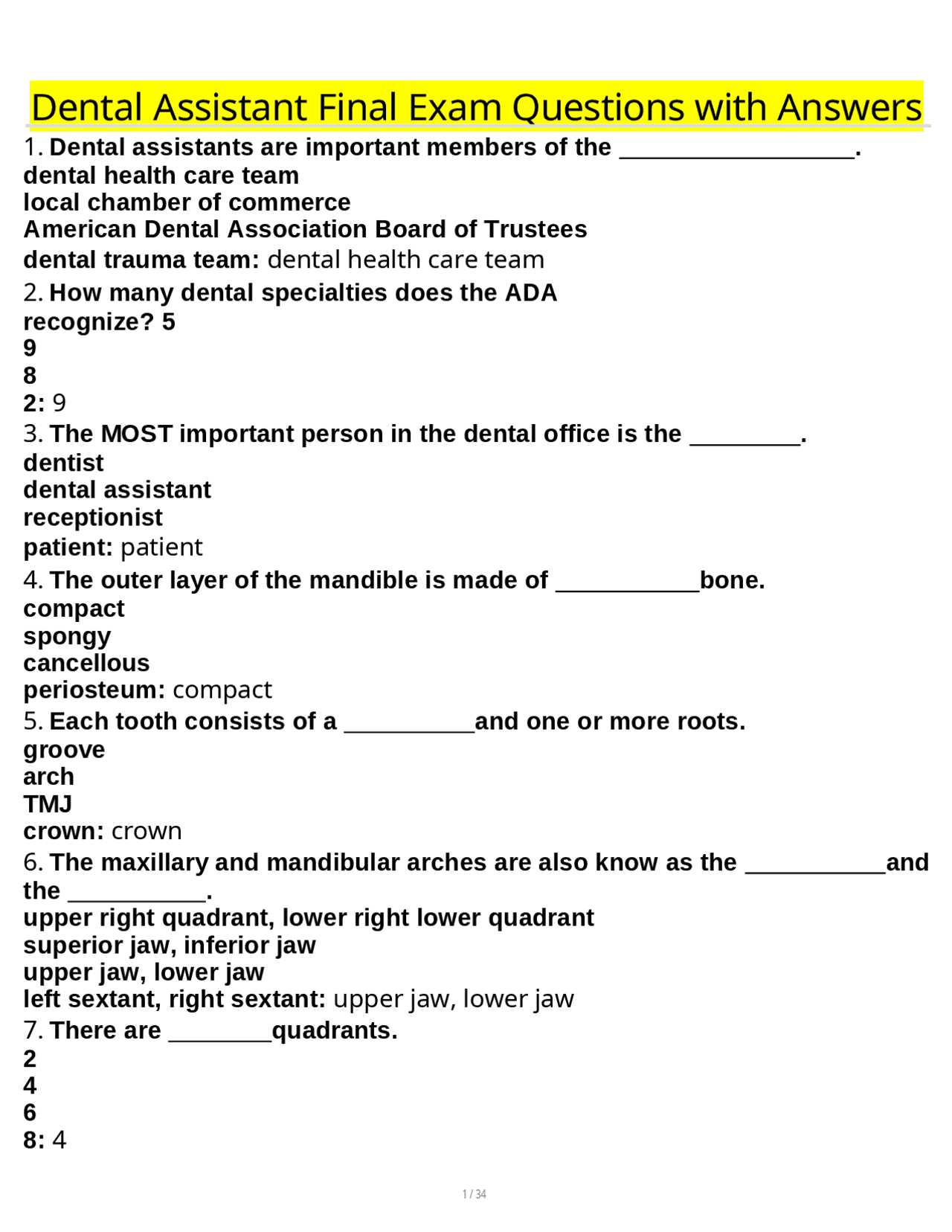 Dental Assistant Final Exam Questions with Answers | Exams Dentistry ...
