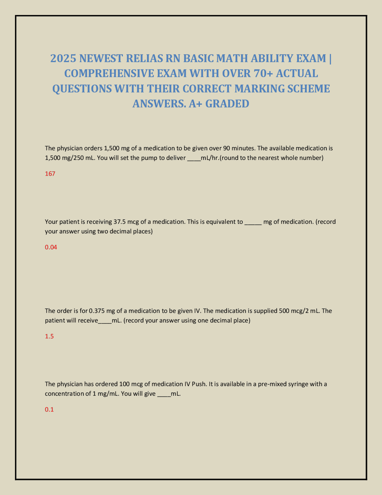 2025 NEWEST RELIAS RN BASIC MATH ABILITY EXAM | COMPREHENSIVE EXAM WITH ...