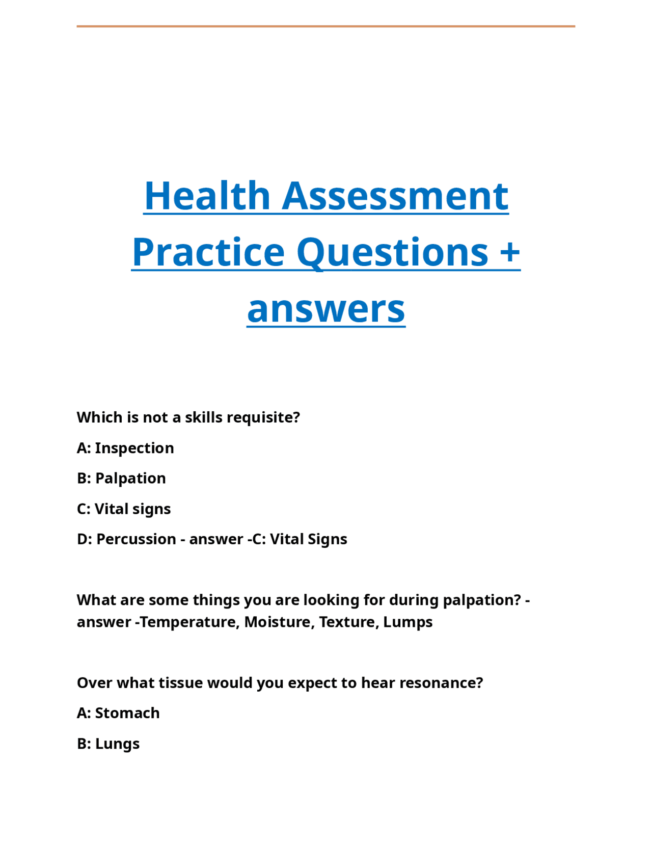 Health Assessment Practice Questions + answers.docx | Exams Nursing ...