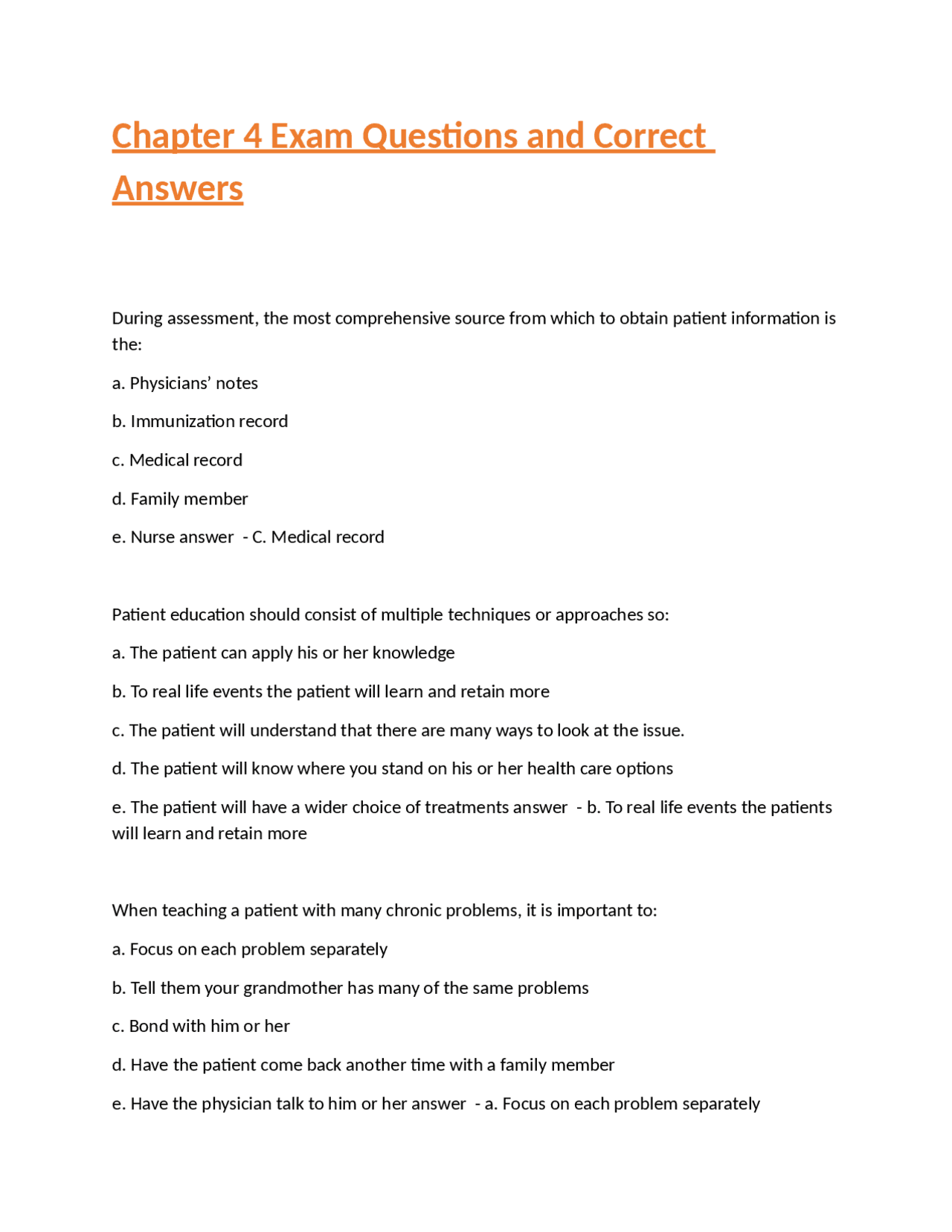 Chapter 4 Exam Questions and Correct Answers | Exams Nursing | Docsity