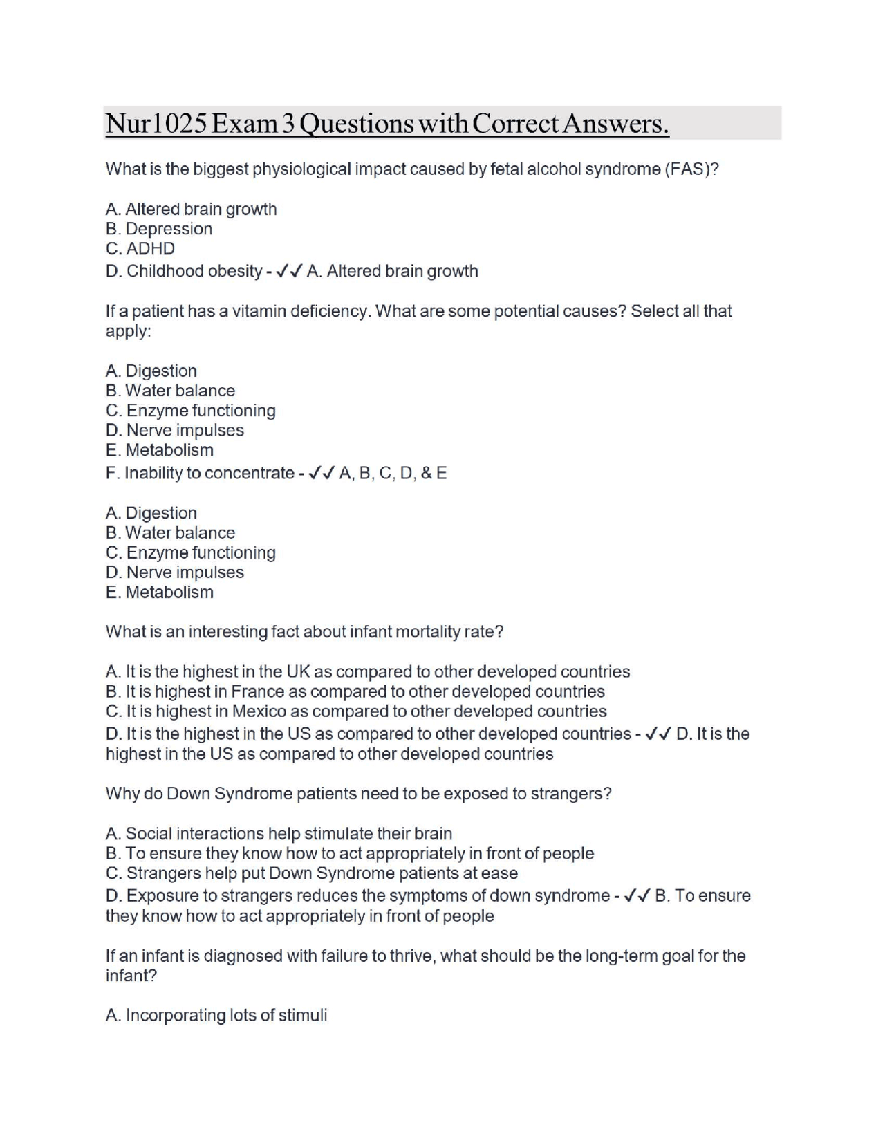Nur1025 Exam 3 Questions with Correct Answers. | Exams Nursing | Docsity