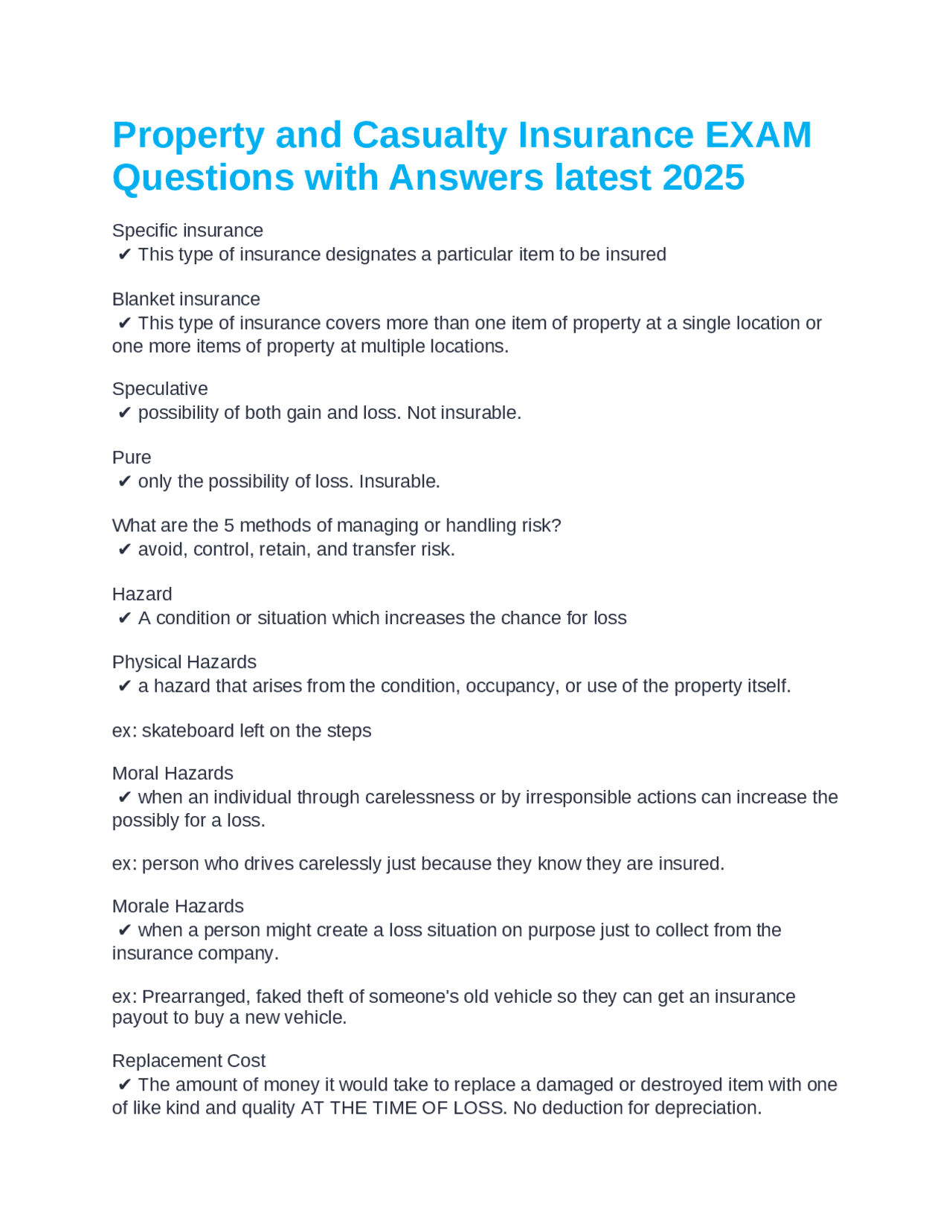 Property and Casualty Insurance EXAM Questions with Answers latest 2025 ...