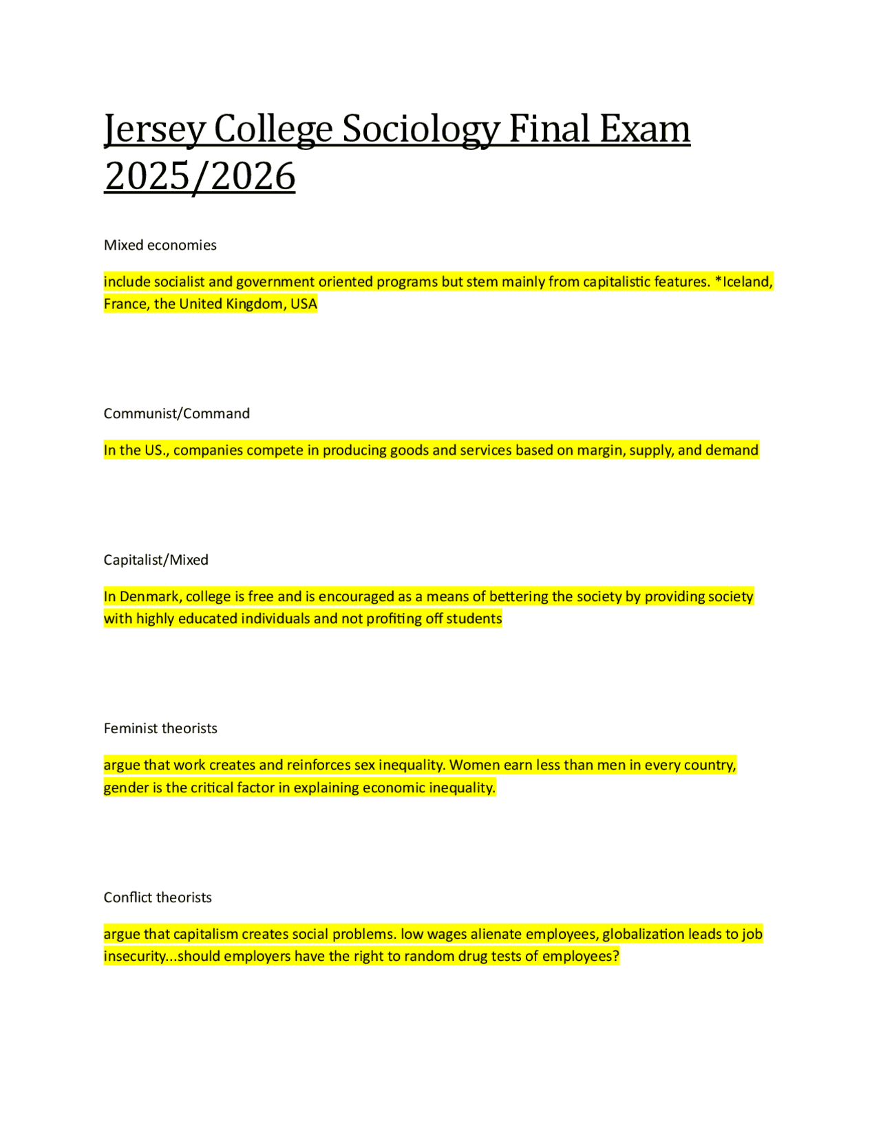 Jersey College Sociology Final Exam Study Guide with Complete Solutions ...