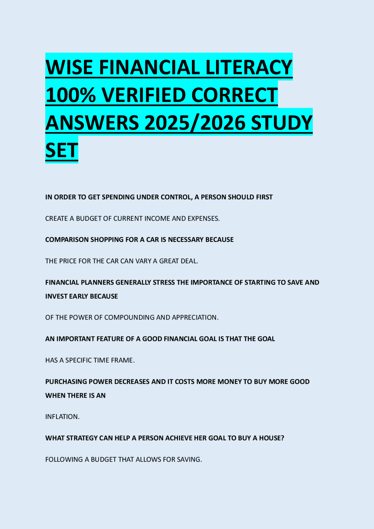 WISE FINANCIAL LITERACY 100% VERIFIED CORRECT ANSWERS 2025/2026 STUDY ...