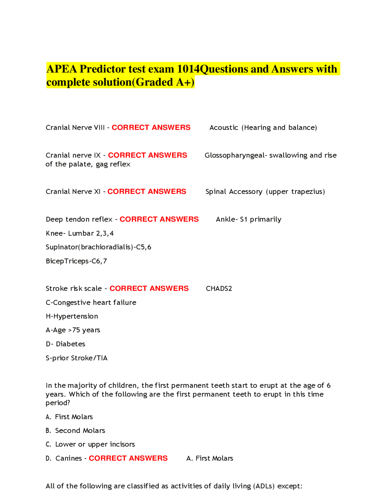 APEA Predictor Test Exam 1014: Questions and Answers with Complete ...