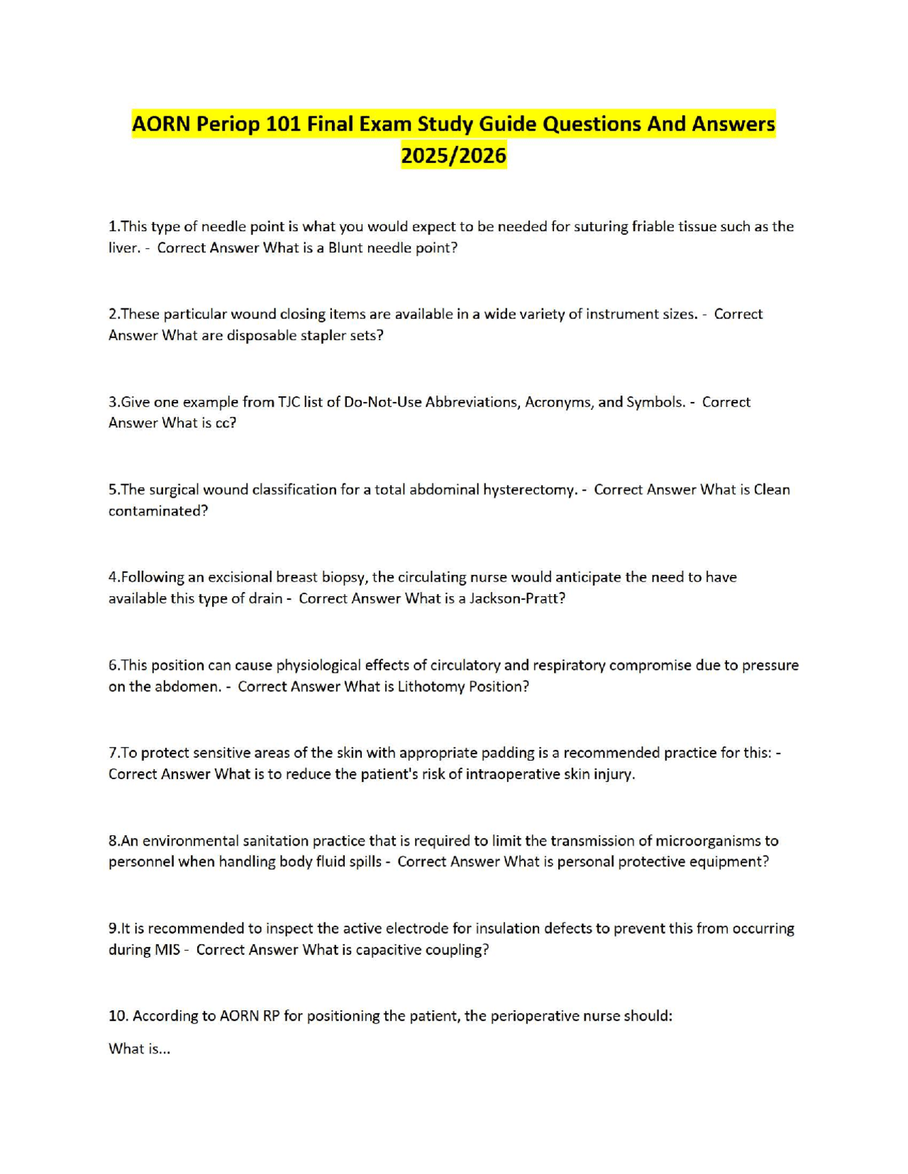 AORN Periop 101 Final Exam Study Guide Questions And Answers 2025/2026 ...