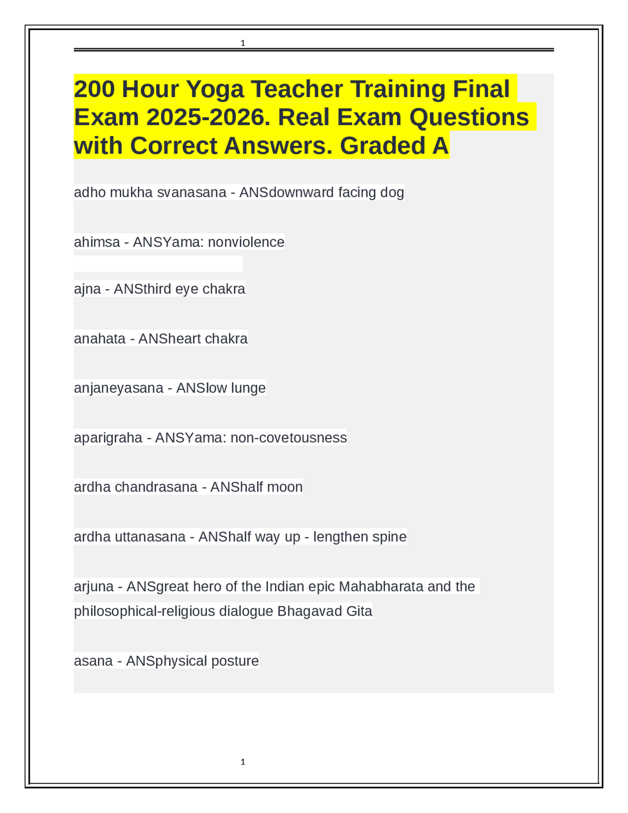 200 Hour Yoga Teacher Training Final Exam 2025-2026. Real Exam ...