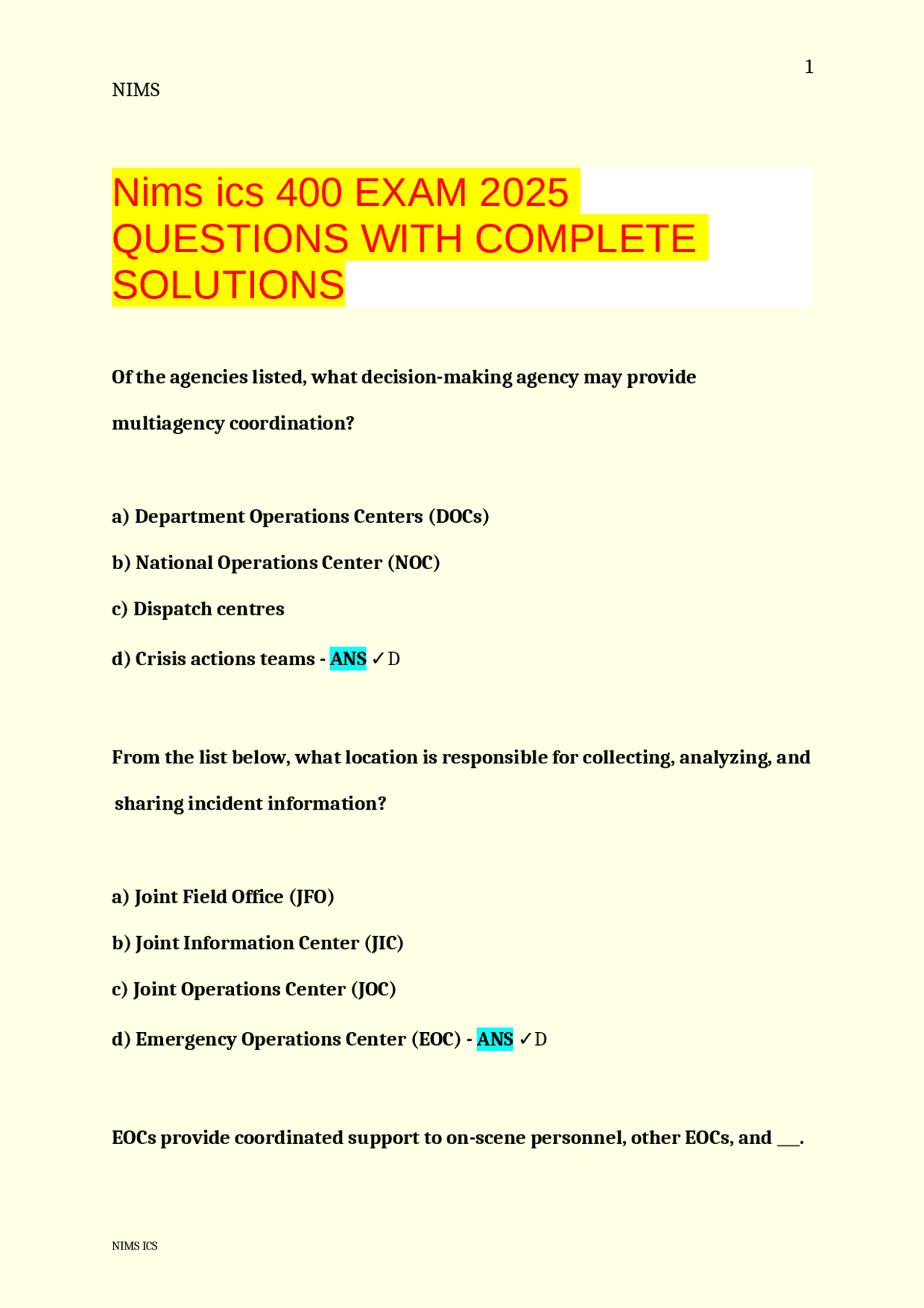 NIMS ICS 400 Exam 2025: Questions with Complete Solutions | Exams ...