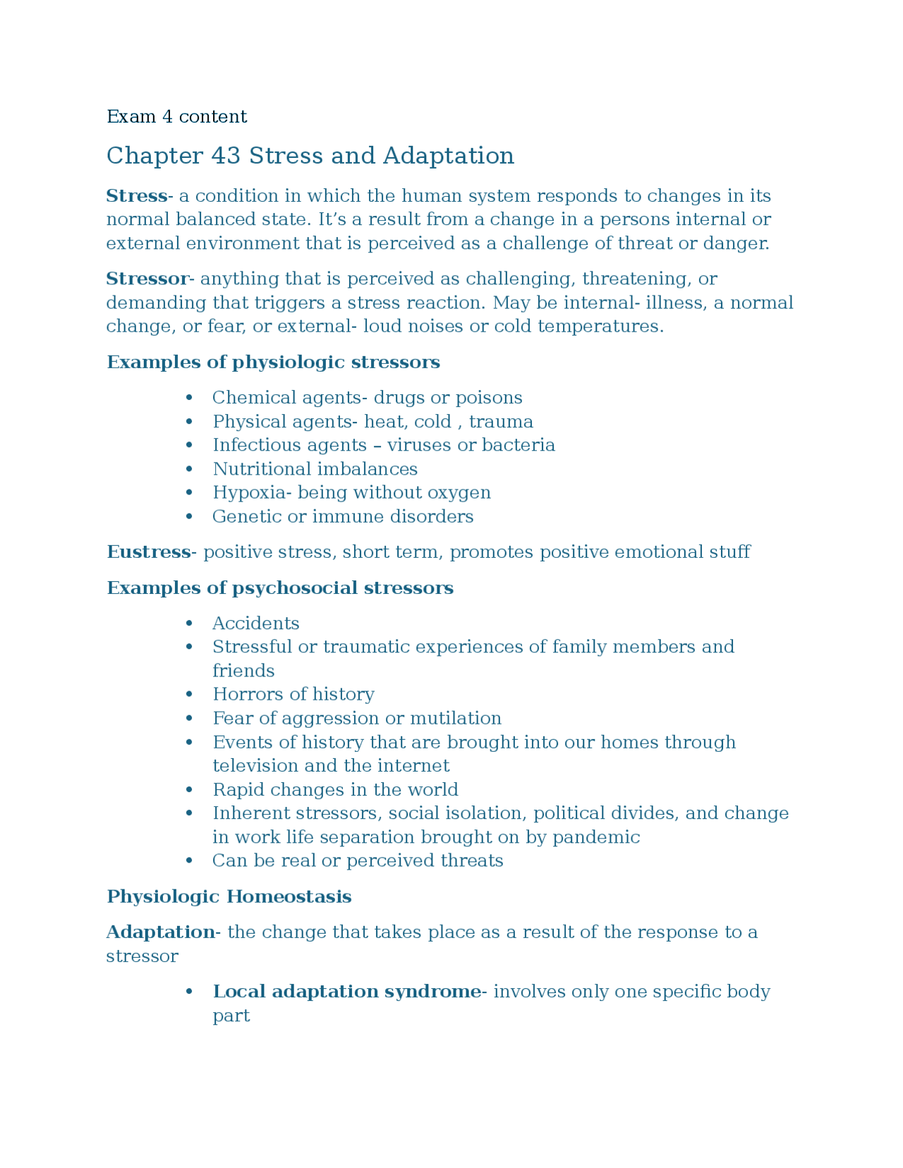 Nur 221 exam 4 - Chapter 43 Stress and Adaptation | Exams Nursing | Docsity