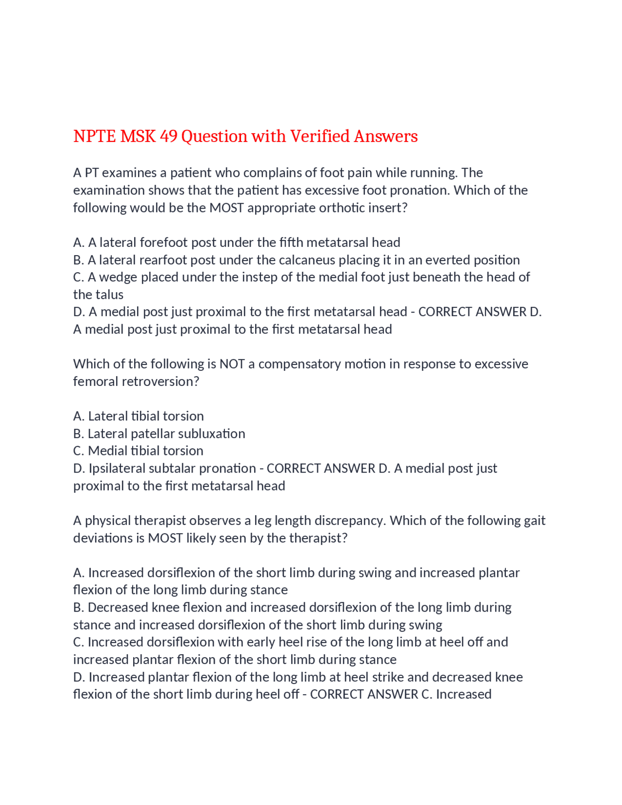 NPTE MSK 49 Question with Verified Answers,100% CORRECT | Exams Nursing ...