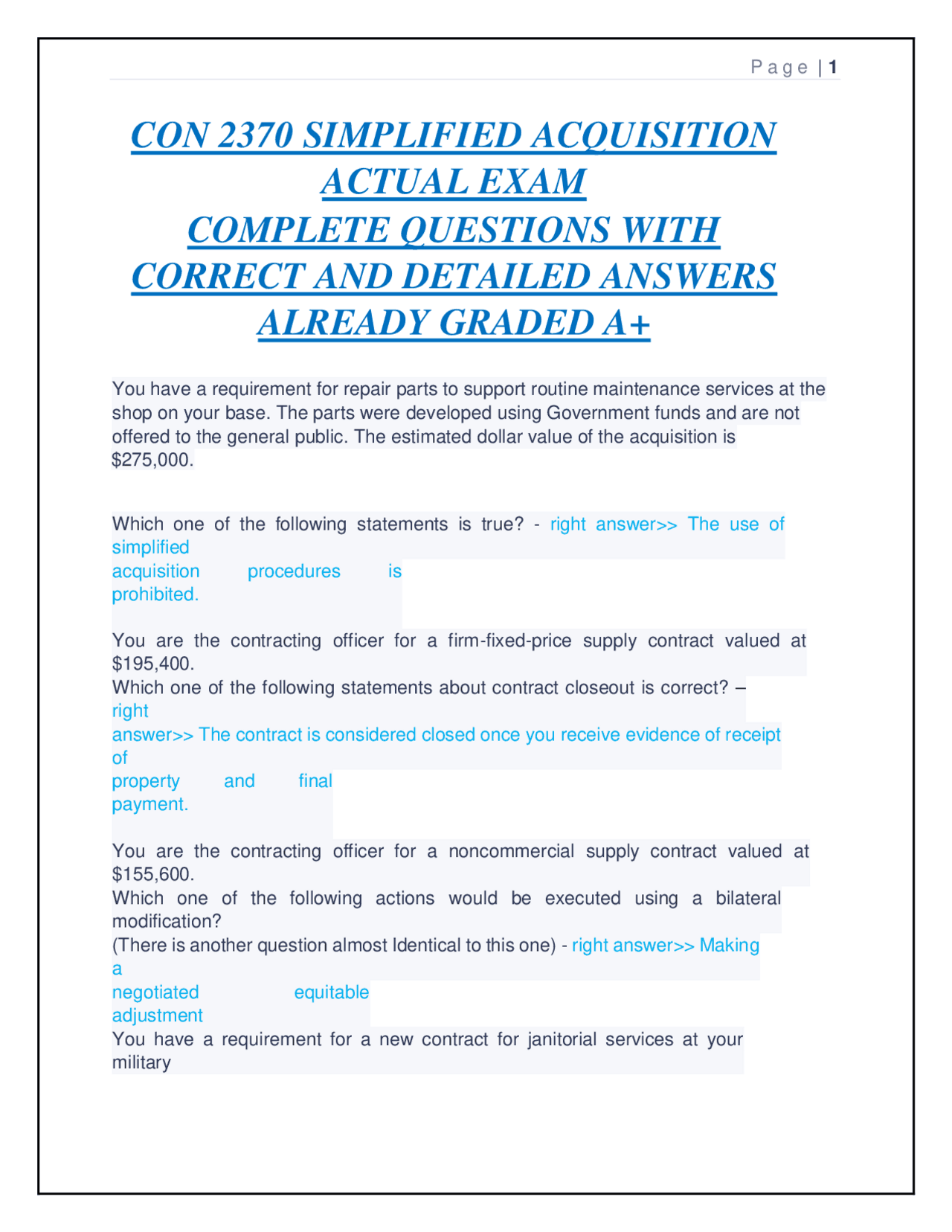 CON 2370 SIMPLIFIED ACQUISITION ACTUAL EXAM COMPLETE QUESTIONS WITH ...