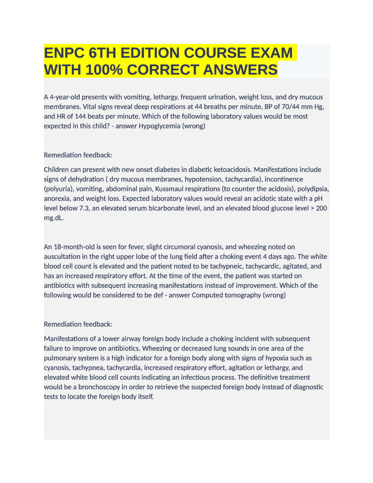 ENPC 6TH EDITION COURSE EXAM WITH 100% CORRECT ANSWERS | Exams Nursing ...