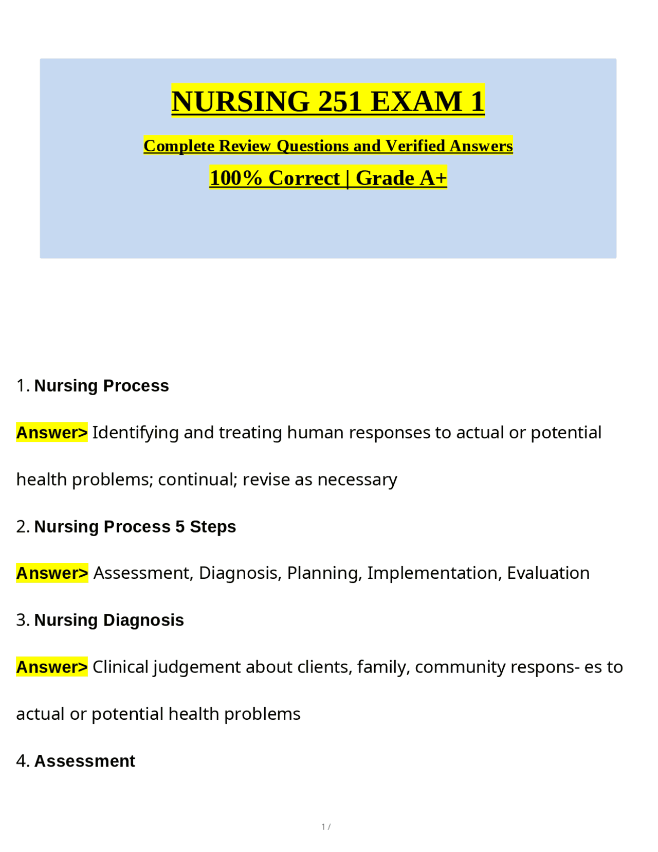 NURS 251 Exam 1 (Latest 2025 / 2026 Updated):Complete Review Questions ...