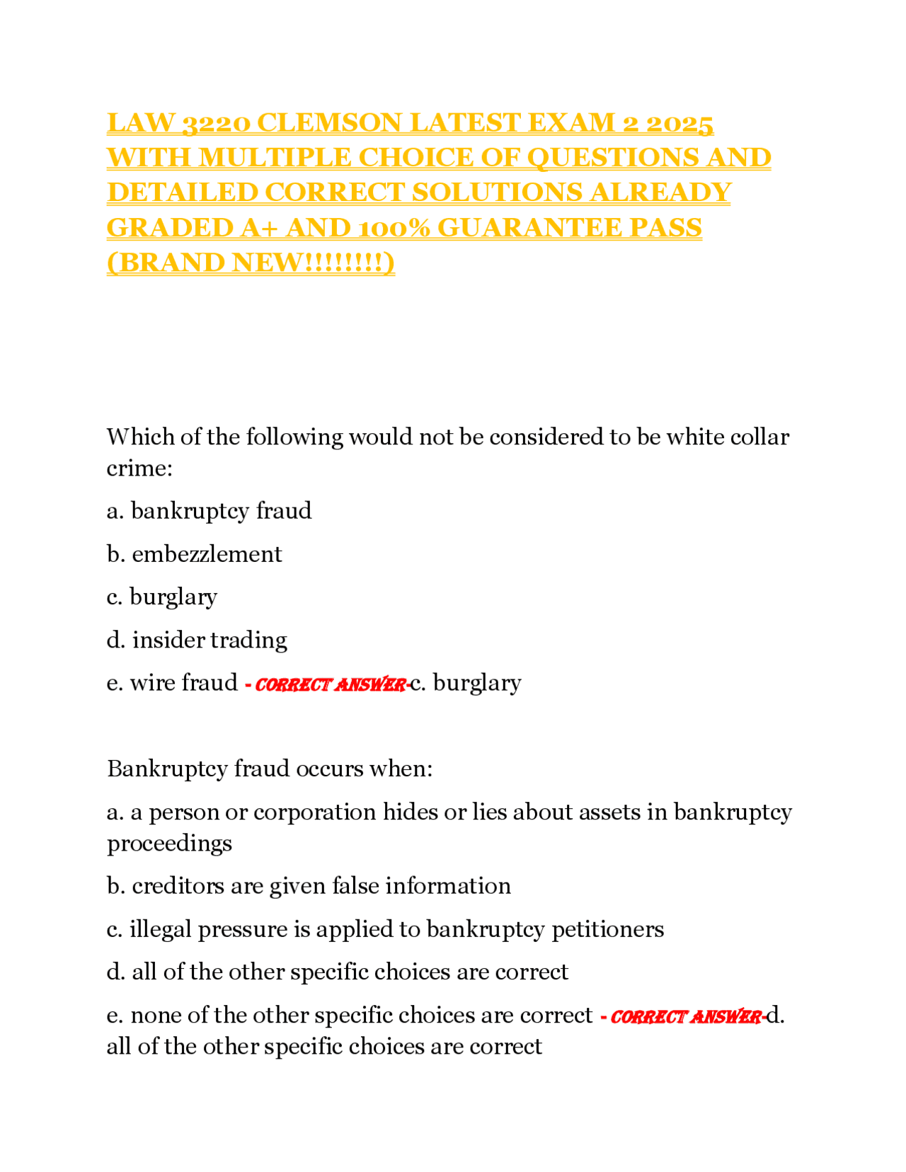 LAW 3220 CLEMSON EXAM 2 2025: Multiple Choice Questions and Answers ...