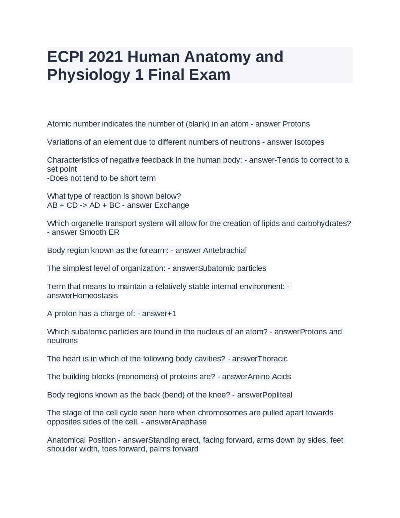 ECPI 2025 Human Anatomy and Physiology 1 Final Exam Questions and ...