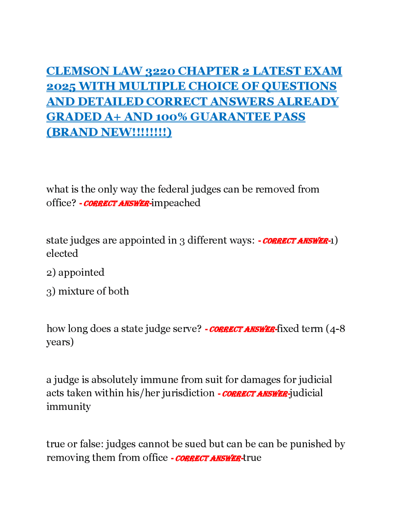 CLEMSON LAW 3220 CHAPTER 2 LATEST EXAM 2025 WITH MULTIPLE CHOICE OF ...