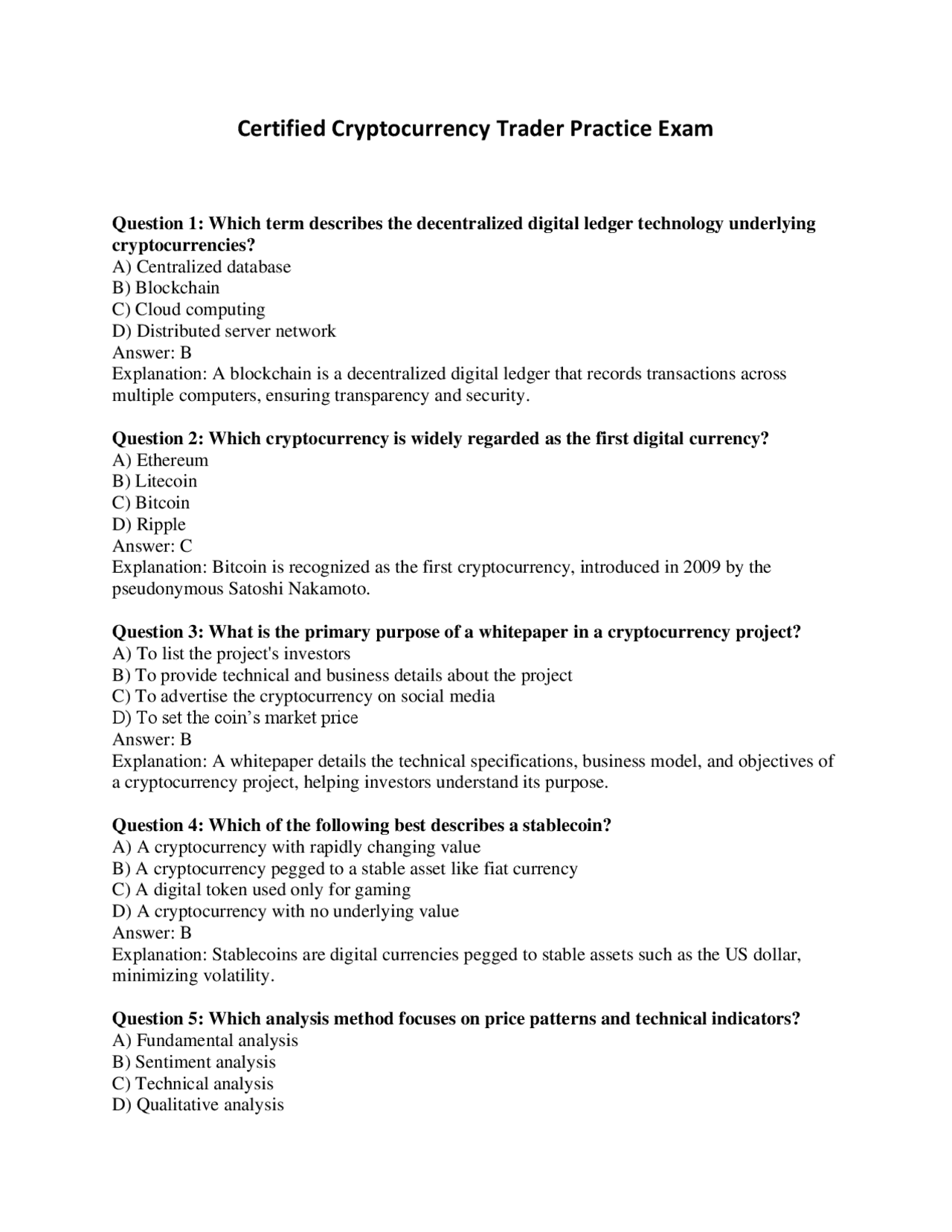 Certified Cryptocurrency Trader Practice Exam: Multiple Choice Questions  and Answers | Exams Technology | Docsity