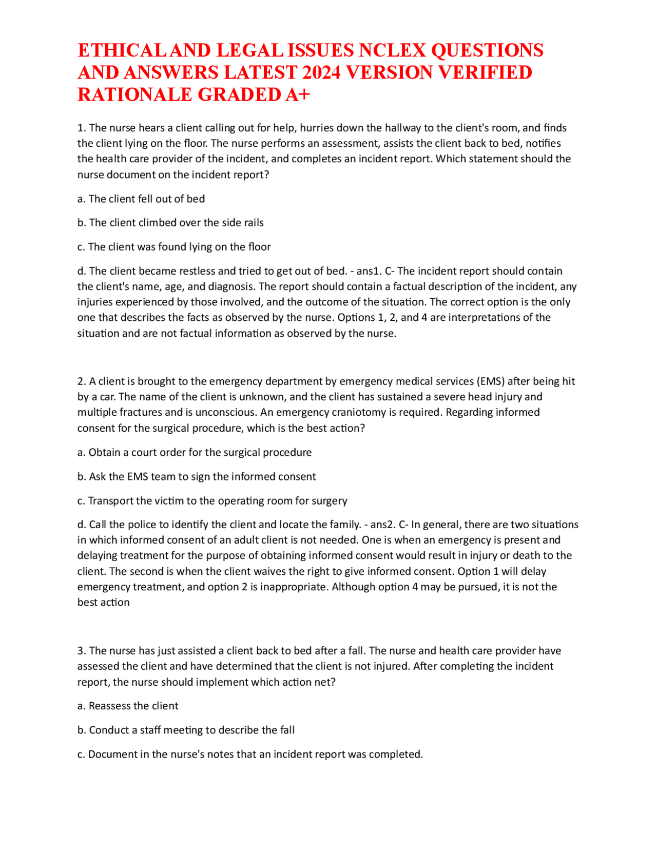 ETHICAL AND LEGAL ISSUES NCLEX QUESTIONS AND ANSWERS LATEST 2024 ...